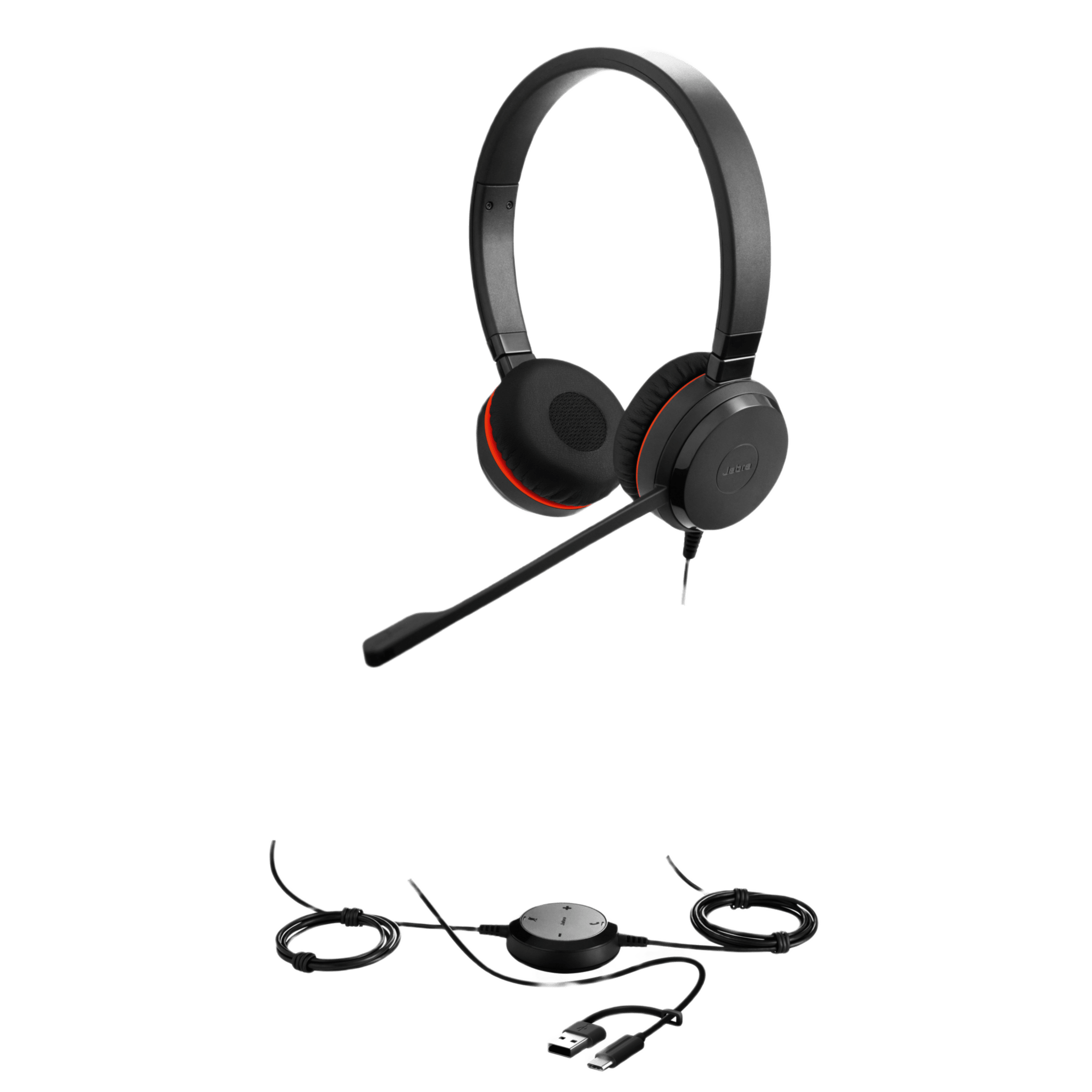 Jabra Evolve 30 II Duo con conexión USB C/A y 3.5mm, micrófono con cancelación de ruido y controlador en el cable con botones e indicadores LED (5399-829-369))