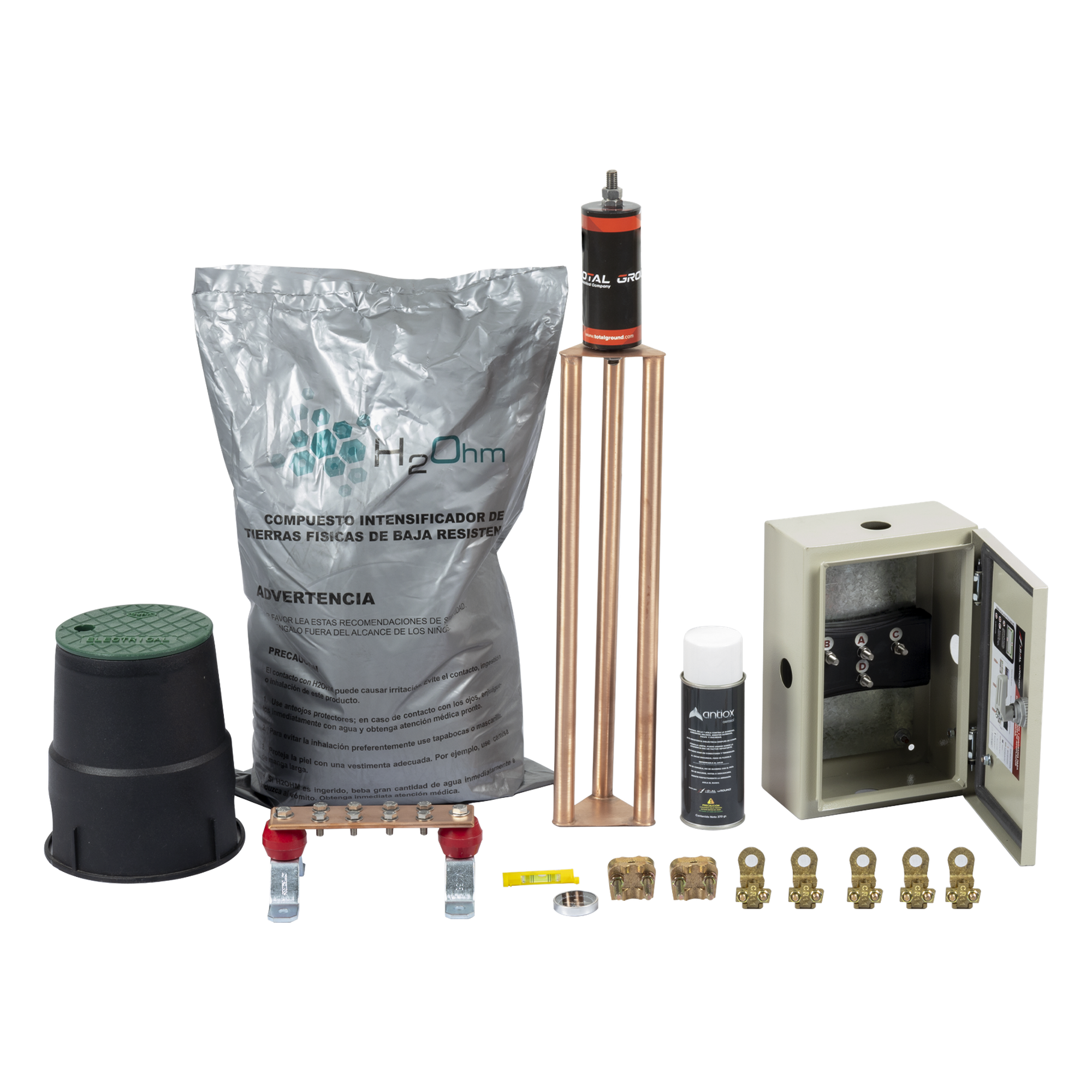Kit de tierra Física Modelo TG45K con Electrodo Magnetoactivo 50 x 11.5 cm, Capacidad Max: 45 AMP — TOTAL GROUND · SKU KIT-MASTER-45K-V2