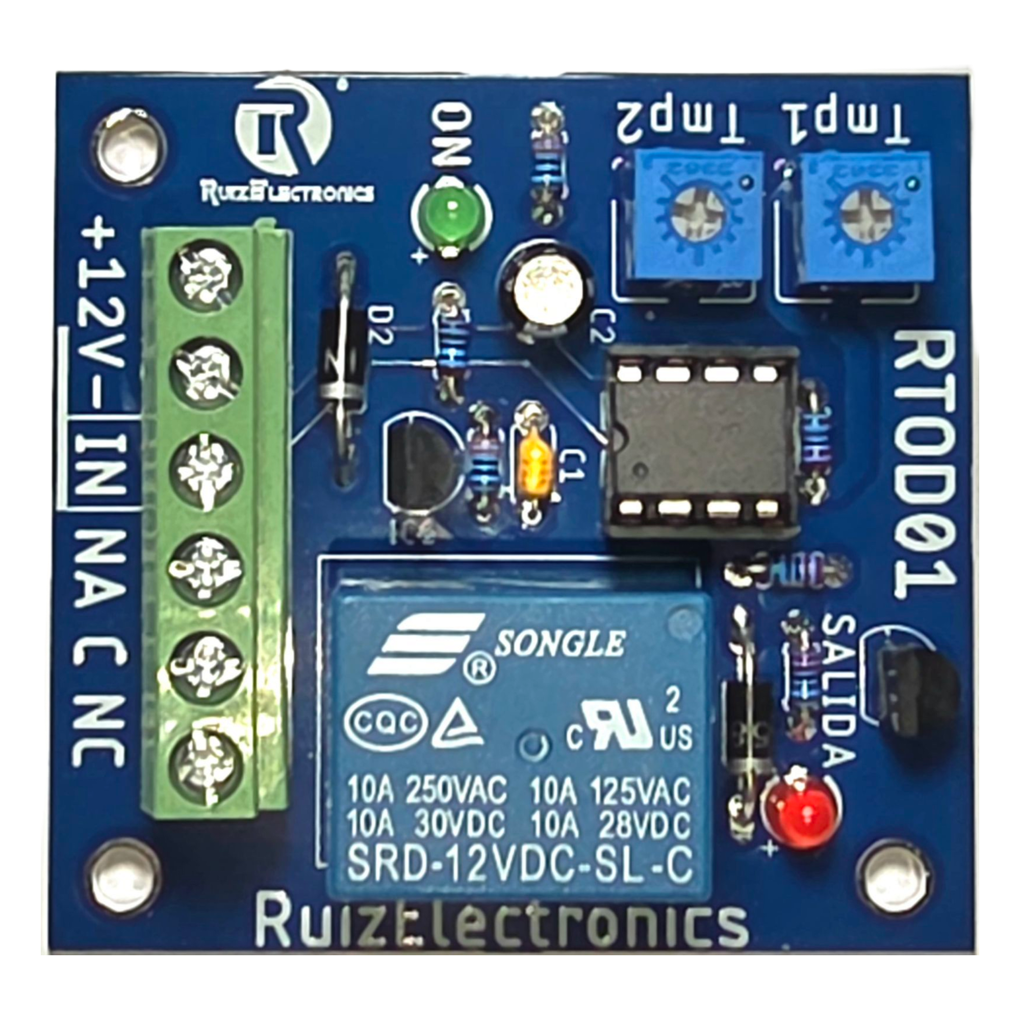 Tarjeta Temporizadora RTOD01 / Retardo 0-60 segundos / Duración 0-60 segundos / Alimentación 12VDC / Salida Relevador NA-NC-C / Indicadores LED — Ruiz Electronics · SKU RTOD01