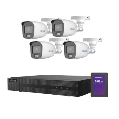 Kit TurboHD 1080p + SSD 500 GB / DVR 4 Canales / 4 Cámaras Bala ColorVu con Micrófono Integrado / Fuente de Poder / Accesorios de Instalación — HiLook by HIKVISION · SKU HL-1080-CV/A/512GB