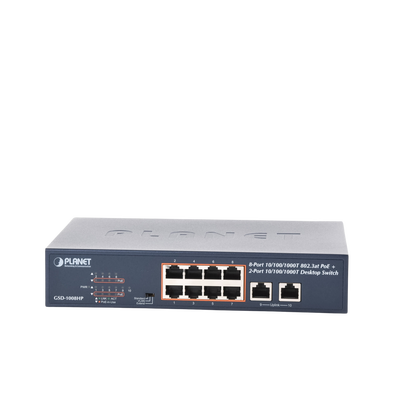 Switch de Escritorio No Administrable / 8 Puertos 10/100/1000T PoE+ 802.3at / 2 Puertos Uplink 10/100/1000T / Presupuesto PoE 120 Watts / Modos Estándar, VLAN y Extend / Distancia Extendida 250 mts / Rackeable