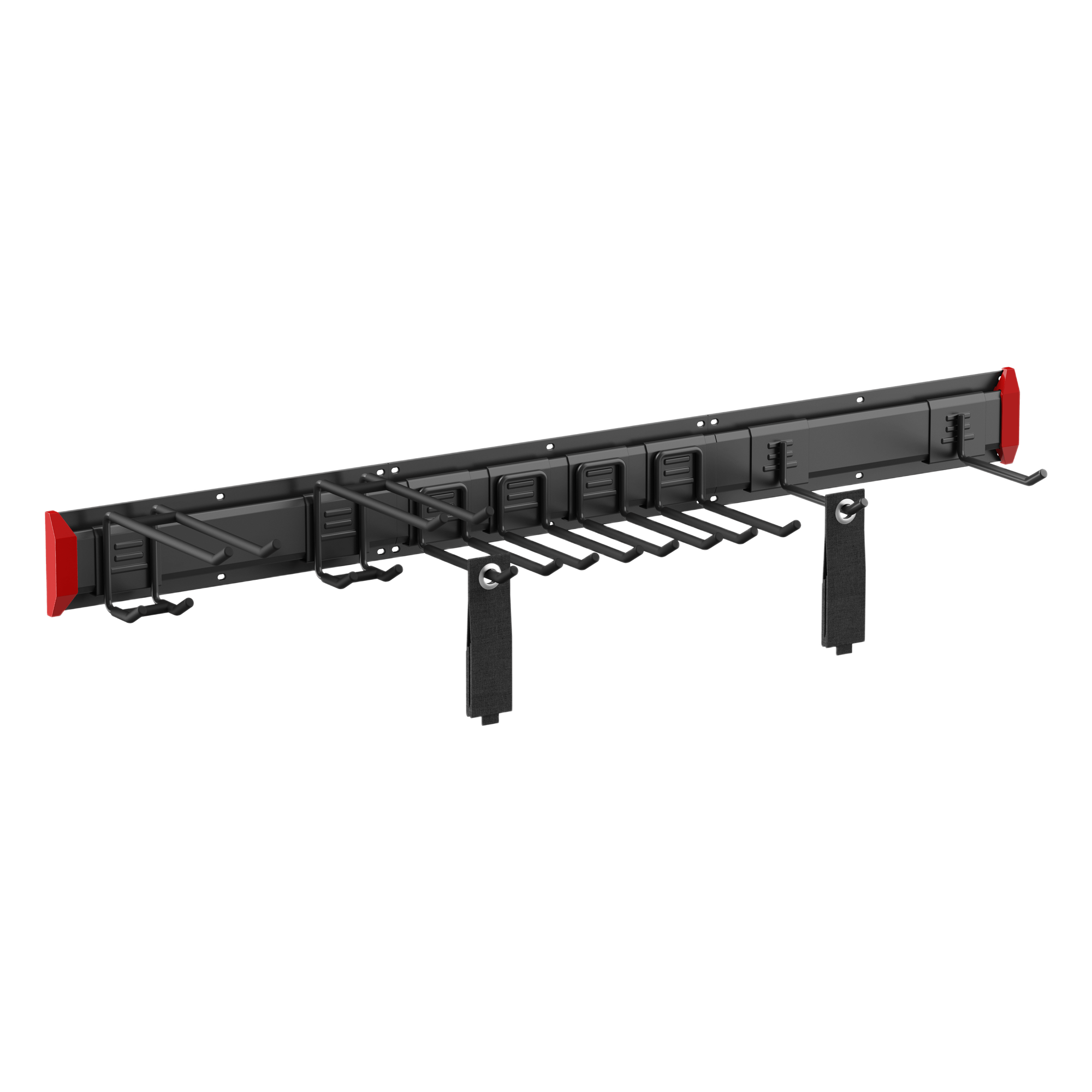 Sistema de Almacenamiento de Pared / Capacidad Total 228 kg (502.7 lb) / 8 Ganchos Ajustables / 2 Bandas de Sujeción / Estructura Acero y Plástico