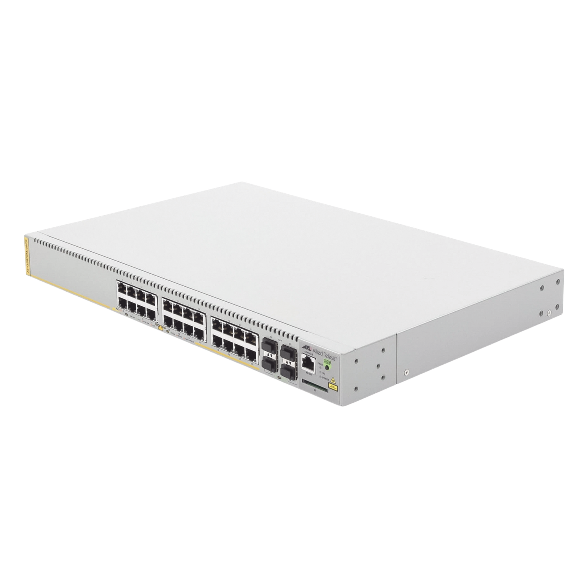 Switch PoE+ Administrable CentreCOM GS970M, Capa 3 de 24 Puertos 10/100/1000 Mbps + 4 SFP Gigabit, 370 W — ALLIED TELESIS · SKU AT-GS970M/28PS-10
