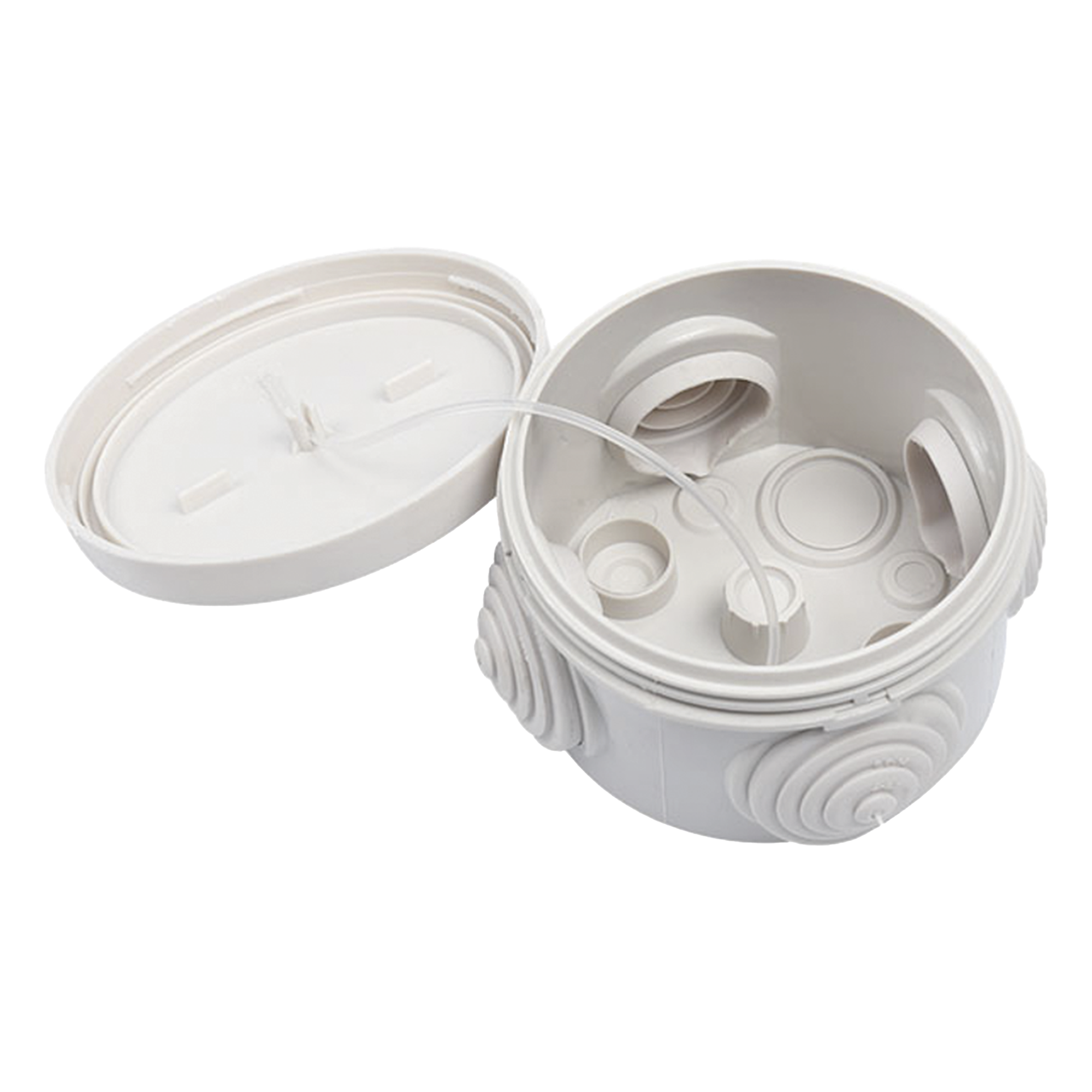 Caja Derivación-Conexión de Plástico Circular con 4 Glándulas de Goma (70 diámetro X 48 alto mm). Para Instalaciones Comerciales, Residenciales e Industriales. Cerrado a Presión.