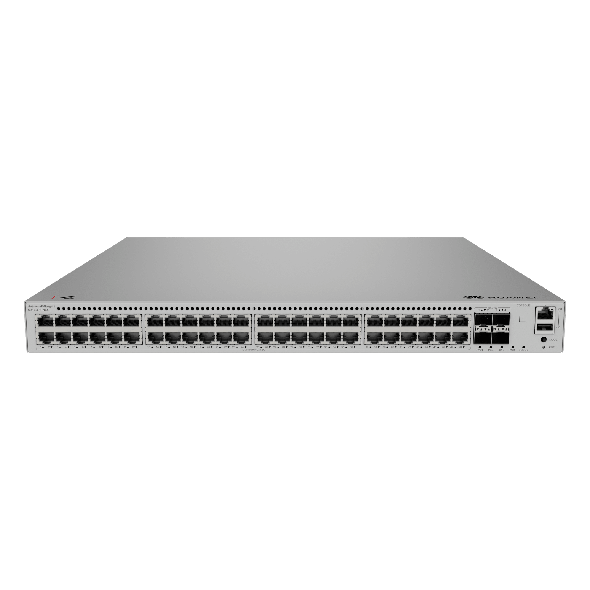 Switch eKit Distribución/Core MultiGigabit PoE+ Capa 3 / 48 puertos PoE+ 2.5 Gbps + 4 SFP+ / iStack / PoE Perpetuo (360 W) / Libre de Licenciamiento — HUAWEI · SKU S310-48PN4X