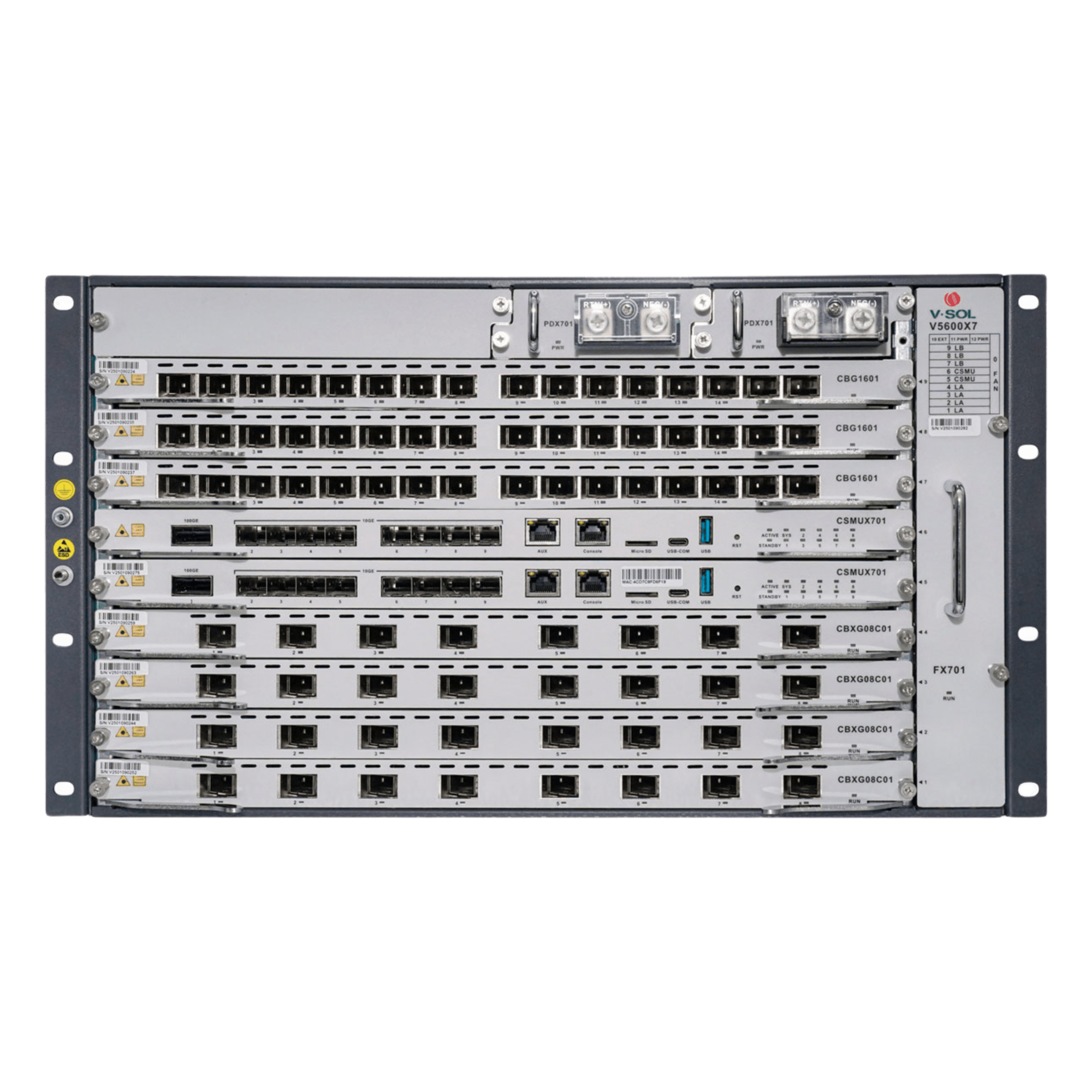OLT Modular tipo Chasis GPON/XGS-PON Combo, 7 Ranuras de Servicio, Incluye 1 Tarjeta de Servicio de 16 puertos GPON