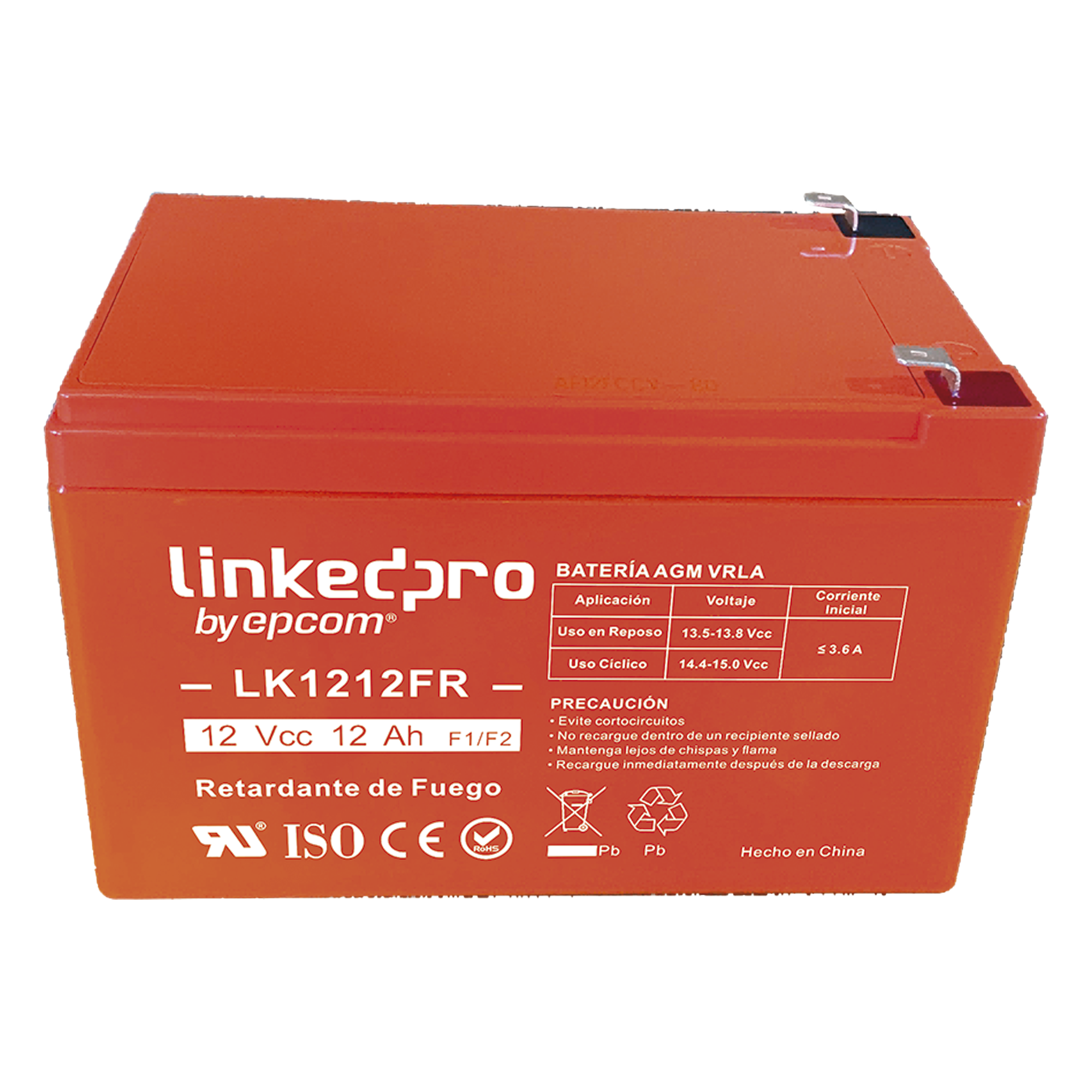 Batería de Respaldo AGM-VRLA / 12 V / 12 Ah / Retardante a la Flama UL94-V0 / Vida Útil 5 Años / Terminales F1 + Adaptador F2 — LINKEDPRO BY EPCOM · SKU LK1212FR