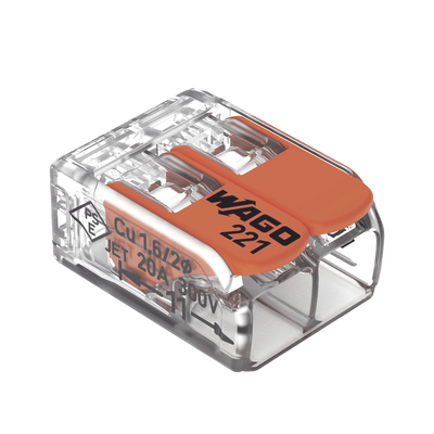 Borna de Conexión / Serie 221 / Palancas Naranja / 2 Conductores 4 mm² / Carcasa Transparente / 300V 20A / T85 / UL ENEC Certificado — WAGO · SKU 221-412