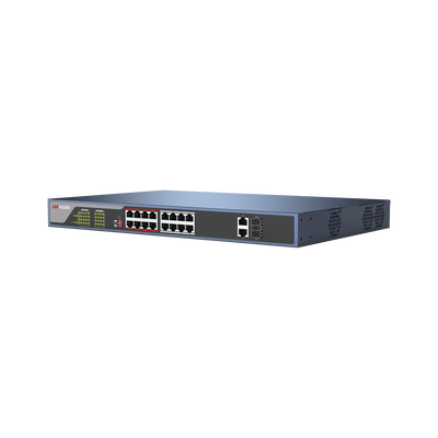 Switch PoE 250 Metros Larga Distancia / 16 Puertos 802.3at (30 W) 100 Mbps + 2 Puertos Gigabit + 2 Puertos SFP — HIKVISION · SKU DS-3E03-18PE