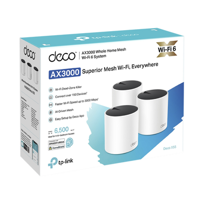Kit 3 Routers Inalámbricos MESH Interior para Hogar / Doble Banda Wi-Fi 6 AX3000 Mbps / 3 Puerto Gigabit WAN/LAN / 2 Antenas Internas / Administración Mediante la App Deco (iOS, Android) / Protección HomeShield