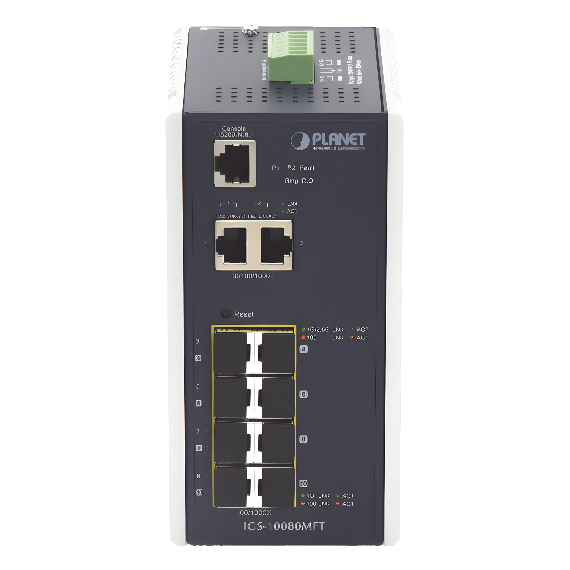 Switch Industrial Administrable L2+, 8 Puertos 1G SFP, 2 Puertos TP Gigabit, (-40 ~75 grados C)  — PLANET · SKU IGS-10080MFT