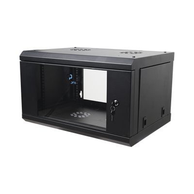 Gabinete de Pared de 6U con Puerta de Cristal Templado, 455 mm de Profundidad Total, Rack de 19in, Acero Reforzado Color Negro.