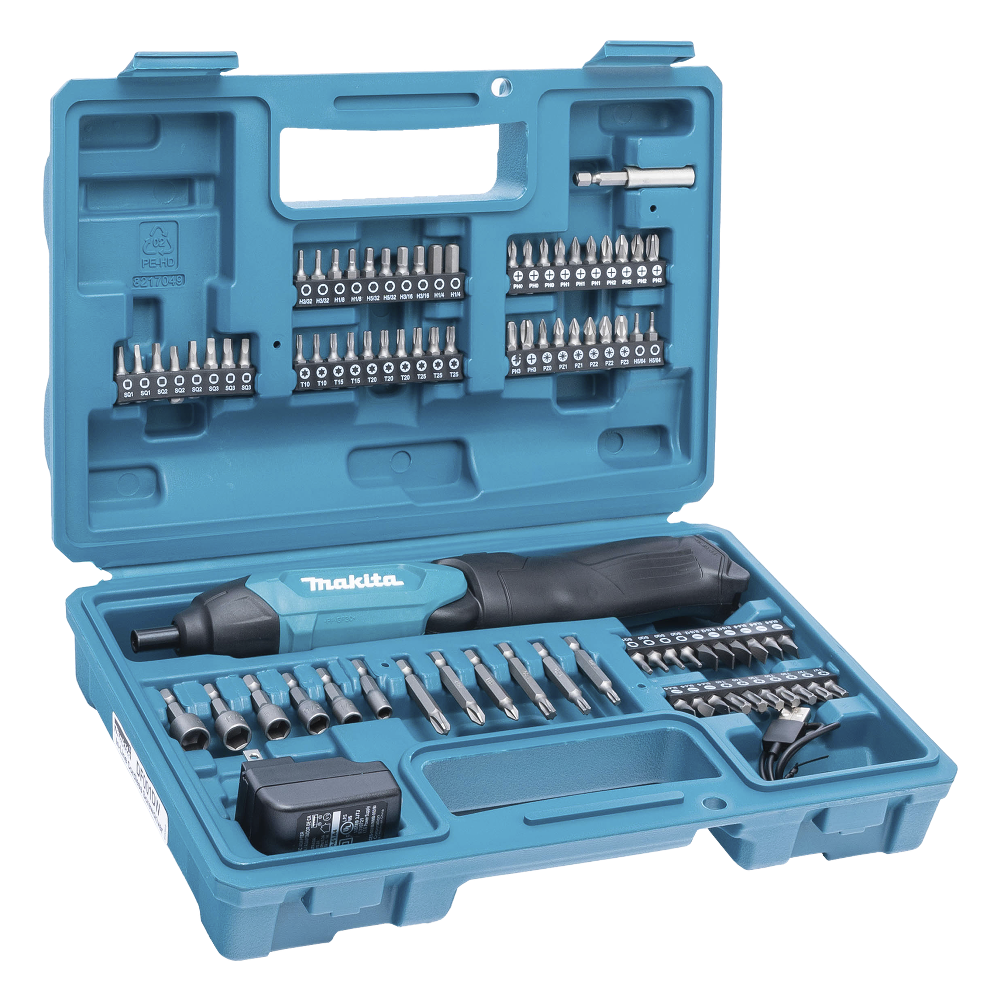 Atornillador Reversible (Broquero 1/4) de 220 RPM con Cargador USB (Incluye 81 Puntas). — MAKITA · SKU DF-001-DW