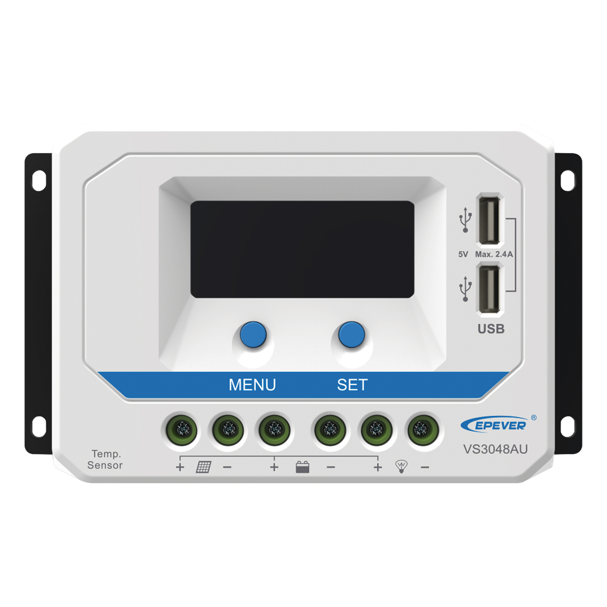 Controlador Solar PWM / 30A / 12/24V/36/48V / Doble USB / Pantalla LCD / Tierra Positivo Común — EPEVER · SKU VS-3048-AU