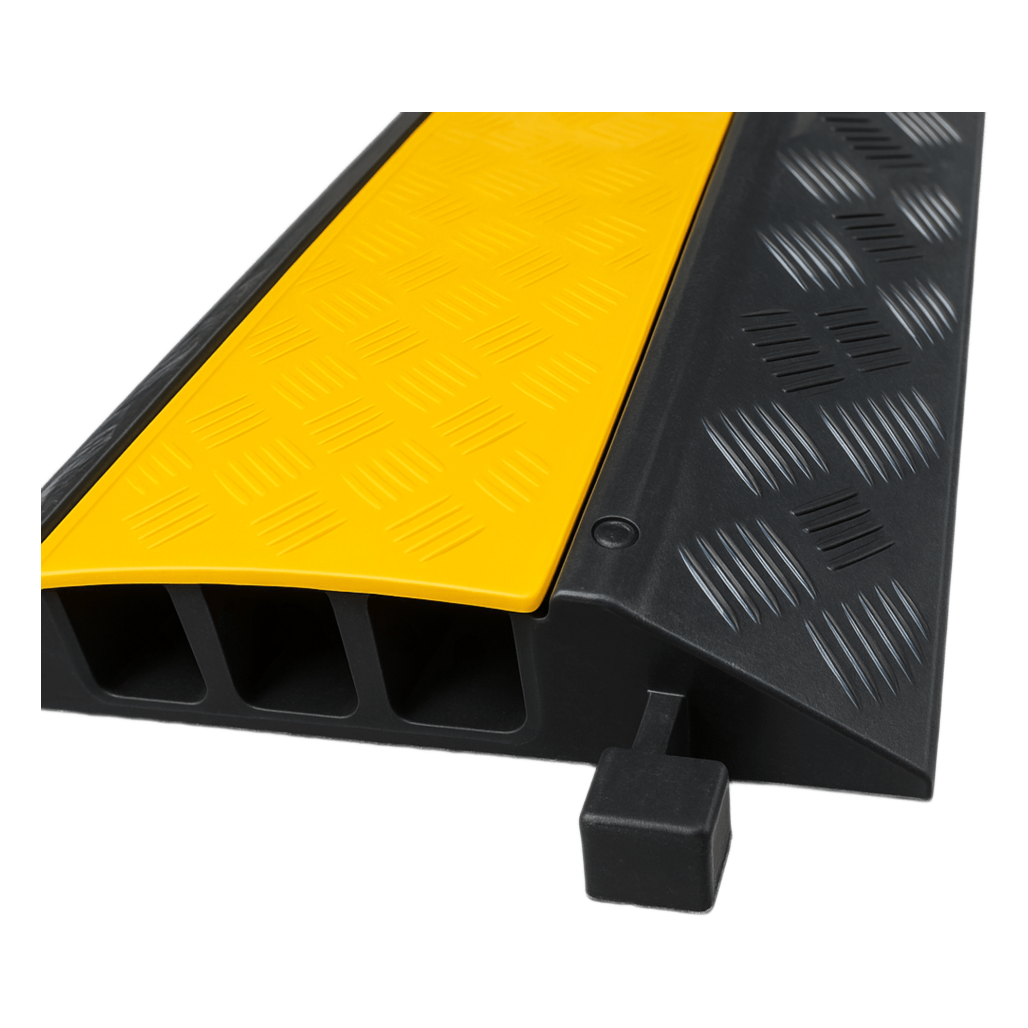 Protector de Cable / 3 Canales / Carga 5 Toneladas / Canal 30x30 mm / Base Goma y Tapa Plástico / 90 cm Largo / Amarillo-Negro — ACCESSPRO · SKU AC903-V2