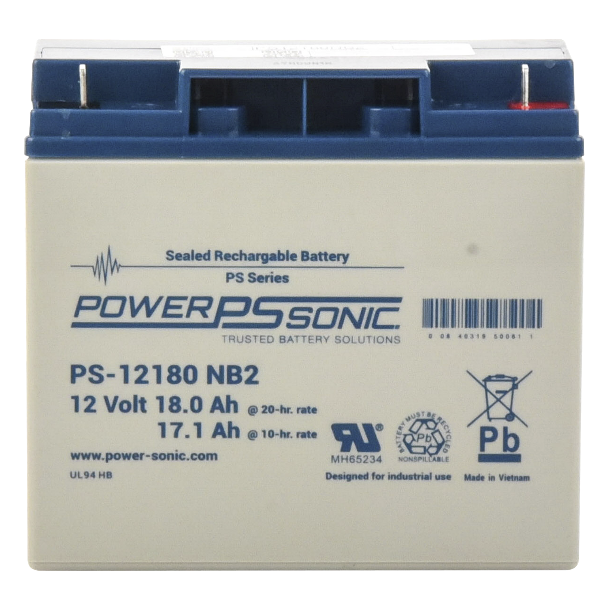Batería 12V, 18AH, Para Respaldo, Tecnologías AGM/VRLA, Diseño De Vida Útil 5 Años, Terminales Tipo NB2, Listada UL, Libre De Mantenimiento — POWER SONIC · SKU PS-12180-NB2