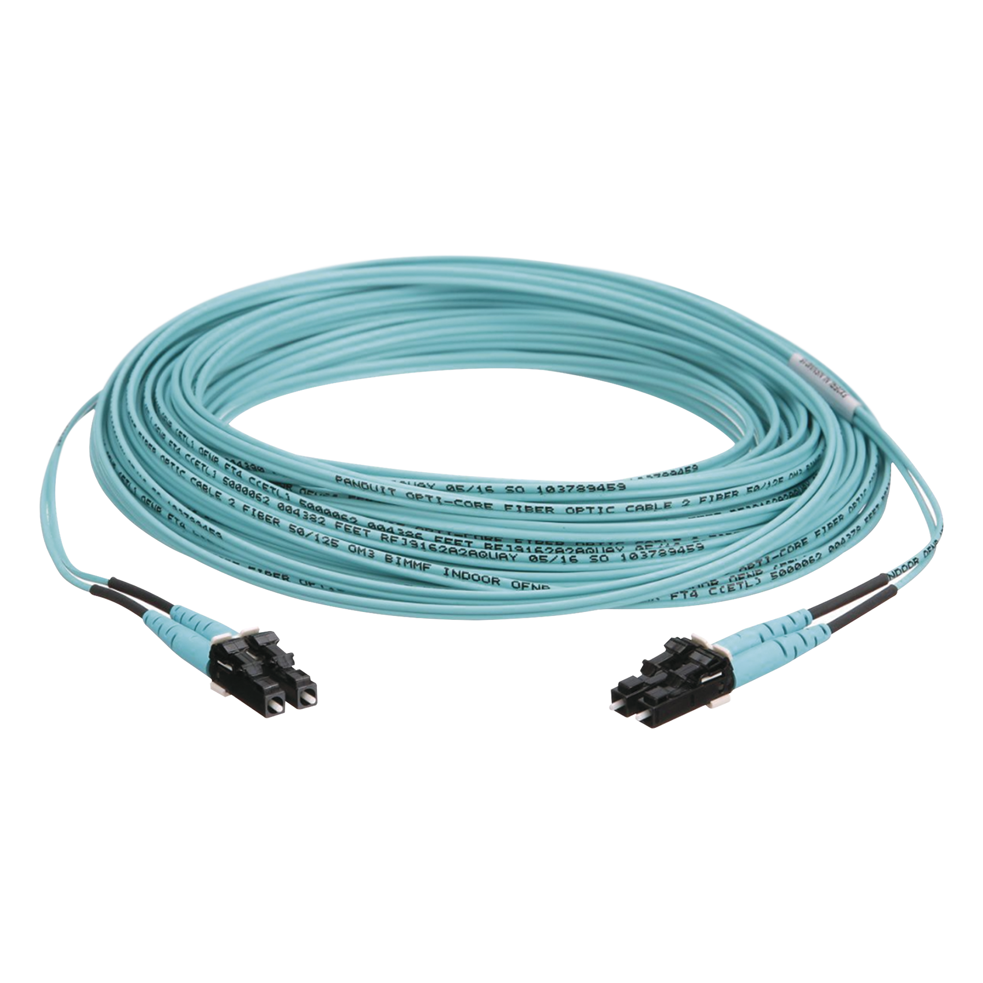 Jumper de Fibra Optica Multimodo 50/125 OM3, LC-LC Duplex, OFNR (Riser), Color Aqua, 10 Metros (32.81 Pies) — PANDUIT · SKU FX2ERLNLNSNM010