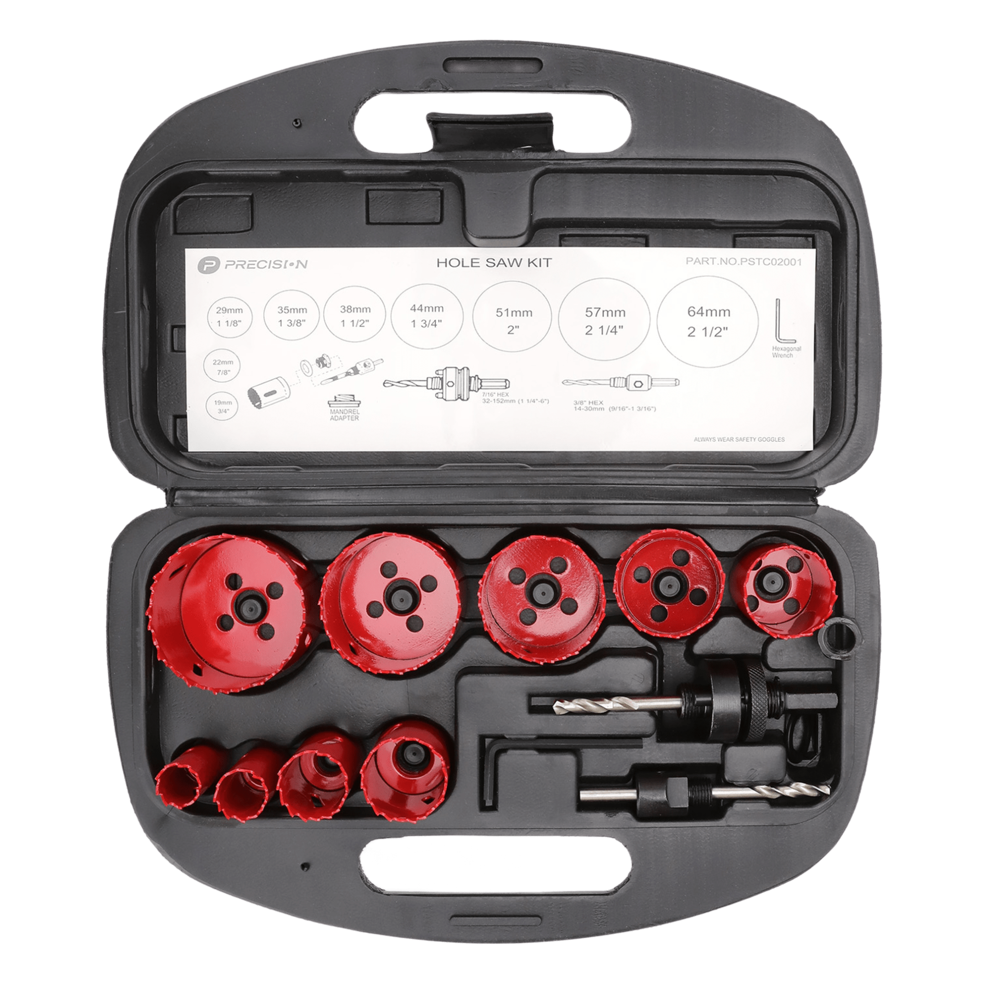 Juego de 13 Brocas Sierra Bimetálica con Adaptadores y Estuche. (3/4", 7/8", 1-1/8", 1-3/8", 1-1/2", 1-3/4", 2", 2-1/4", 2-1/2")