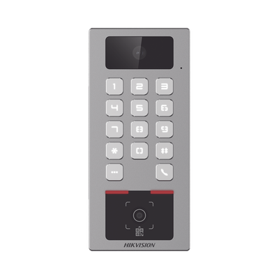 (PoE / 2 Relays) Teclado con Lector Físico de QRs para Exterior Antivandálico IP65 & IK09 con función de Videoportero Multiapartamento / Tarjeta, Código QR, PIN o App HikConnect / Cámara 2 MP compatible con NVRs /