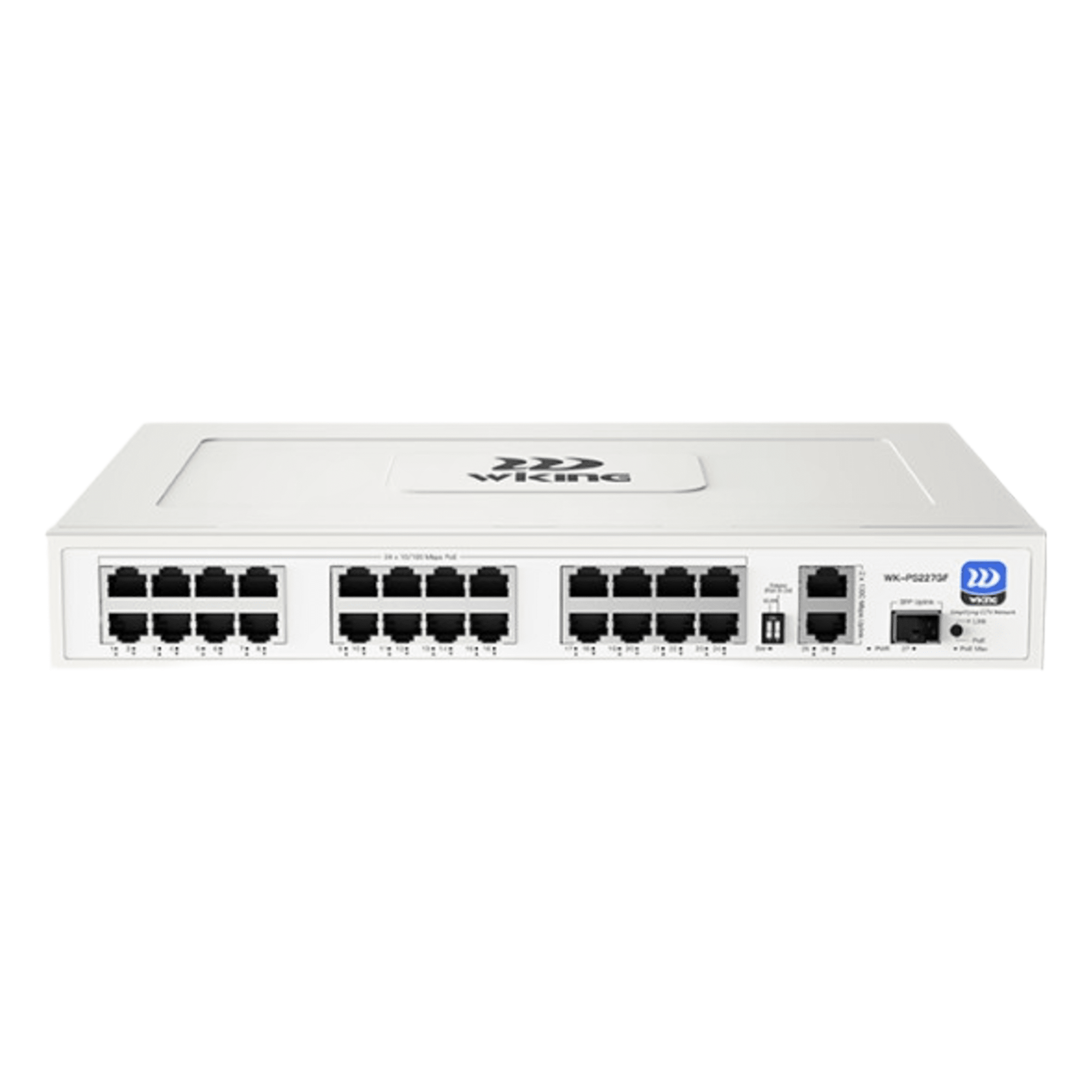 Switch no administrable PoE WI-TEK / Gestión Cloud / 24 Puertos 10/100 Mbps PoE af/at / 2 Puertos Uplink Gigabit / 1 Ranura SFP 1000 Mbps / Presupuesto 270 W / Puerto 1 Hi-PoE 60W · SKU WK-PS227GF