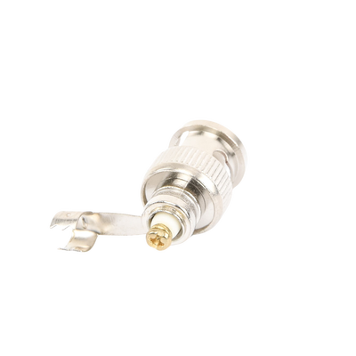 Conector BNC macho en 75 Ohm, para cable coaxial RG-59 / Con base de alivio negra de PVC, Níquel/ Oro/ PTFE.