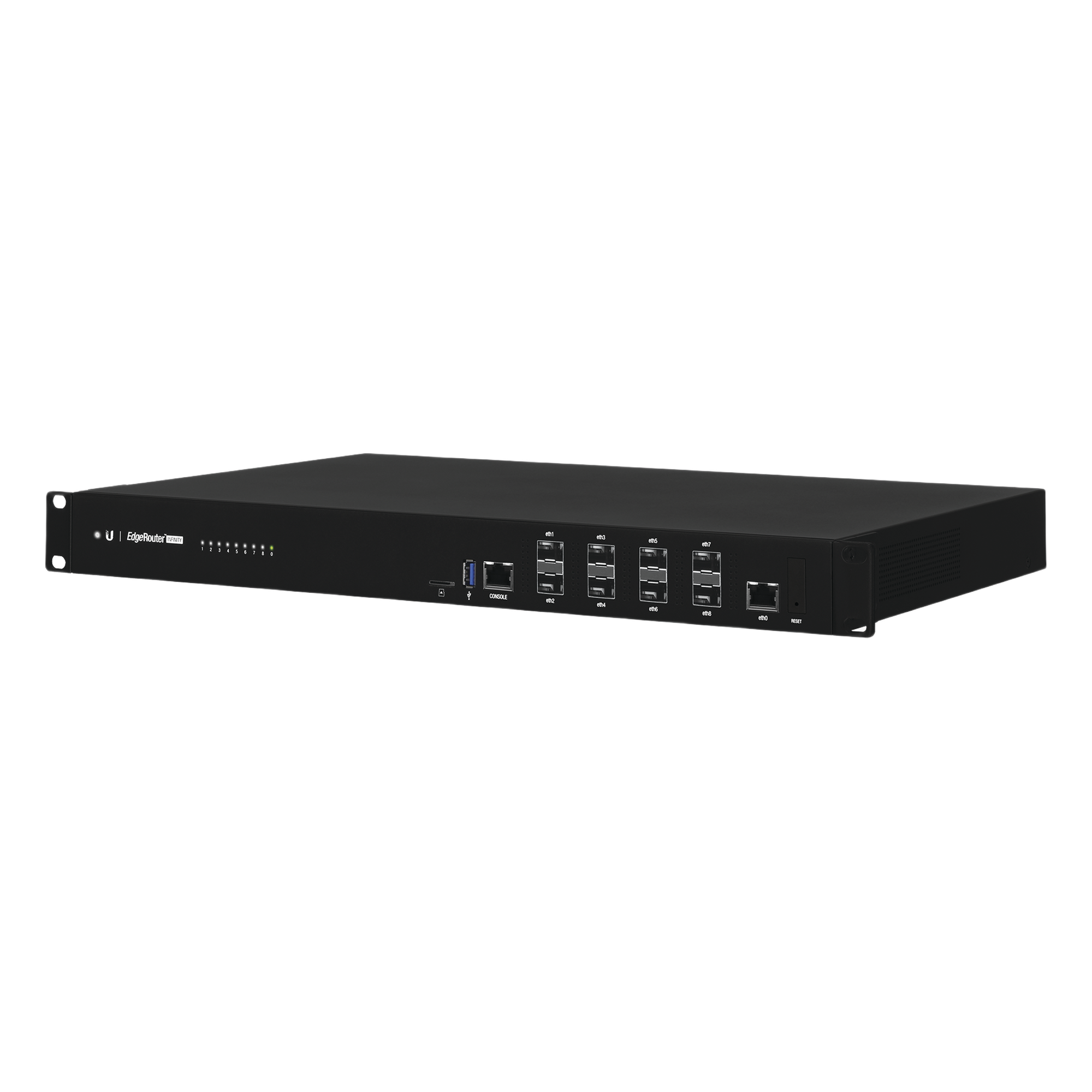 EdgeRouter INFINITY de 8 puertos SFP+ 10 G + 1 puerto RJ45 Gigabit, throughput 80 Gbps, 16 núcleos y 16 GB RAM , fuentes de alimentación modulares Hot-Swappable