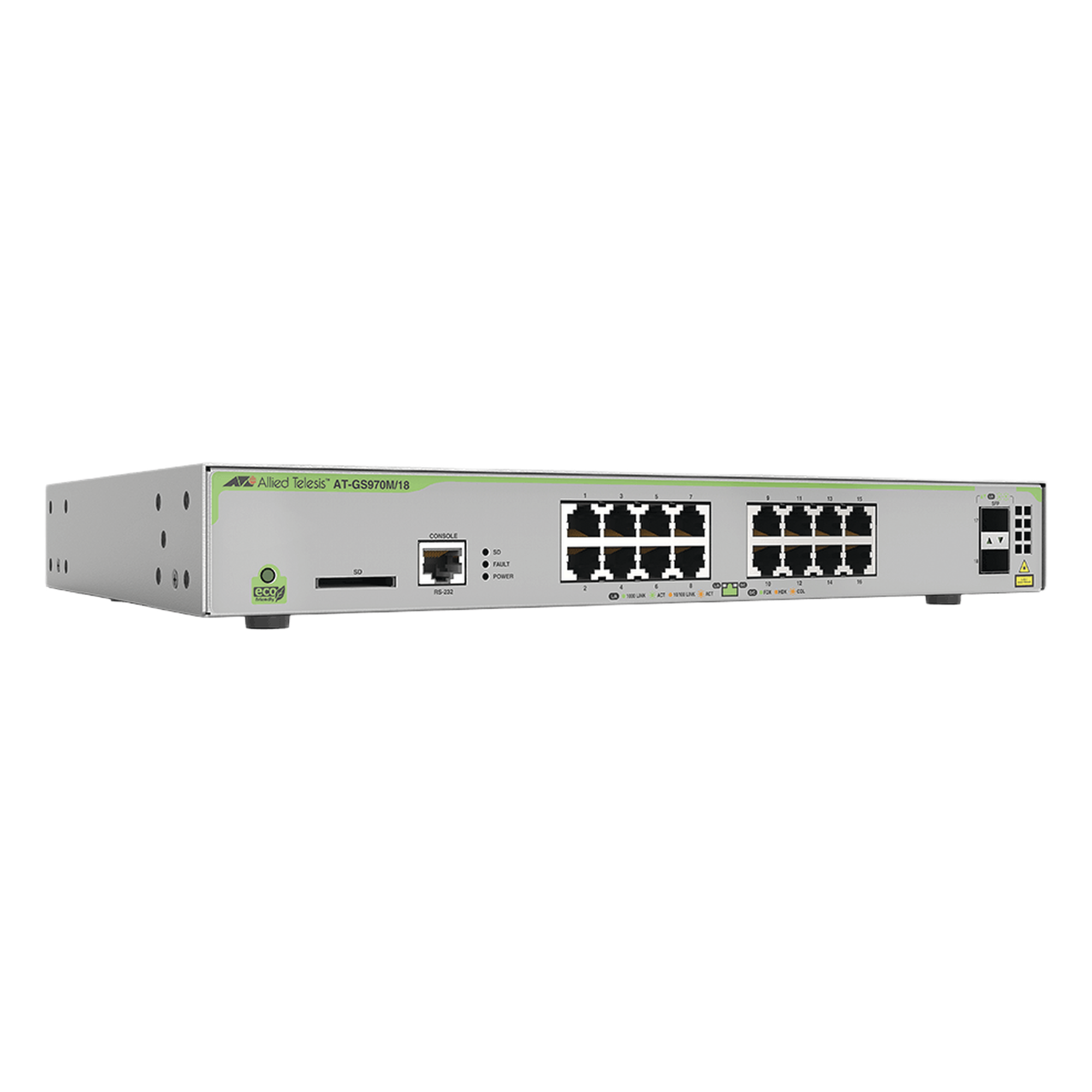 Switch PoE+ Administrable CentreCOM GS970M, Capa 3 de 16 Puertos 10/100/1000 Mbps + 2 SFP Gigabit, 247 W — ALLIED TELESIS · SKU AT-GS970M/18PS-R-10