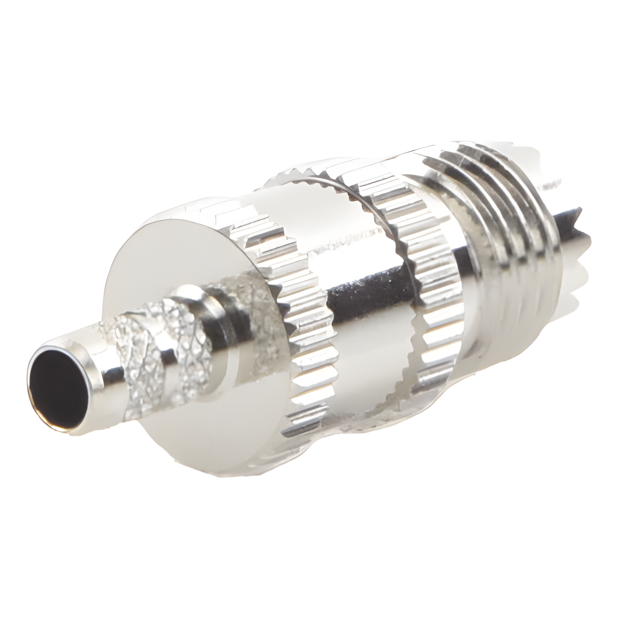 Conector Mini UHF Hembra de Anillo Plegable en Cables RG-58/U, RG-142/U, Níquel/ Plata/ Delrin. — RF INDUSTRIES,LTD · SKU RFU-601-1