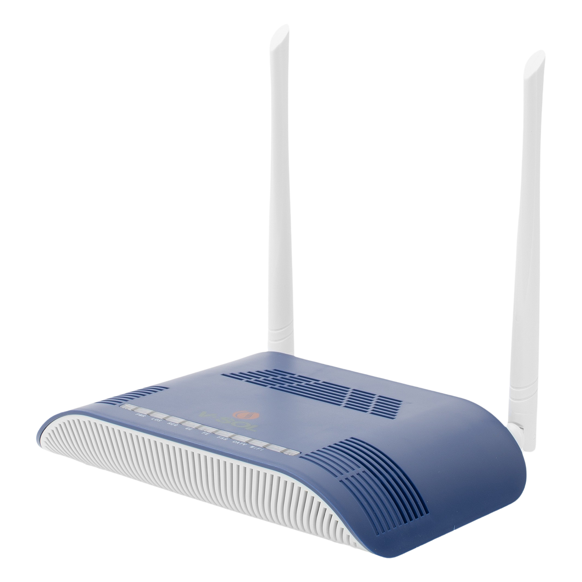 ONU Dual GPON/EPON con Wi-Fi en 2.4 GHz + 1 puerto SC/APC + 1 puerto LAN Gigabit + 1 puerto LAN Fast Ethernet + 1 puerto FXS + 1 puerto CATV, hasta 300 Mbps vía inalámbrico — V-SOL · SKU HG323RG-WT