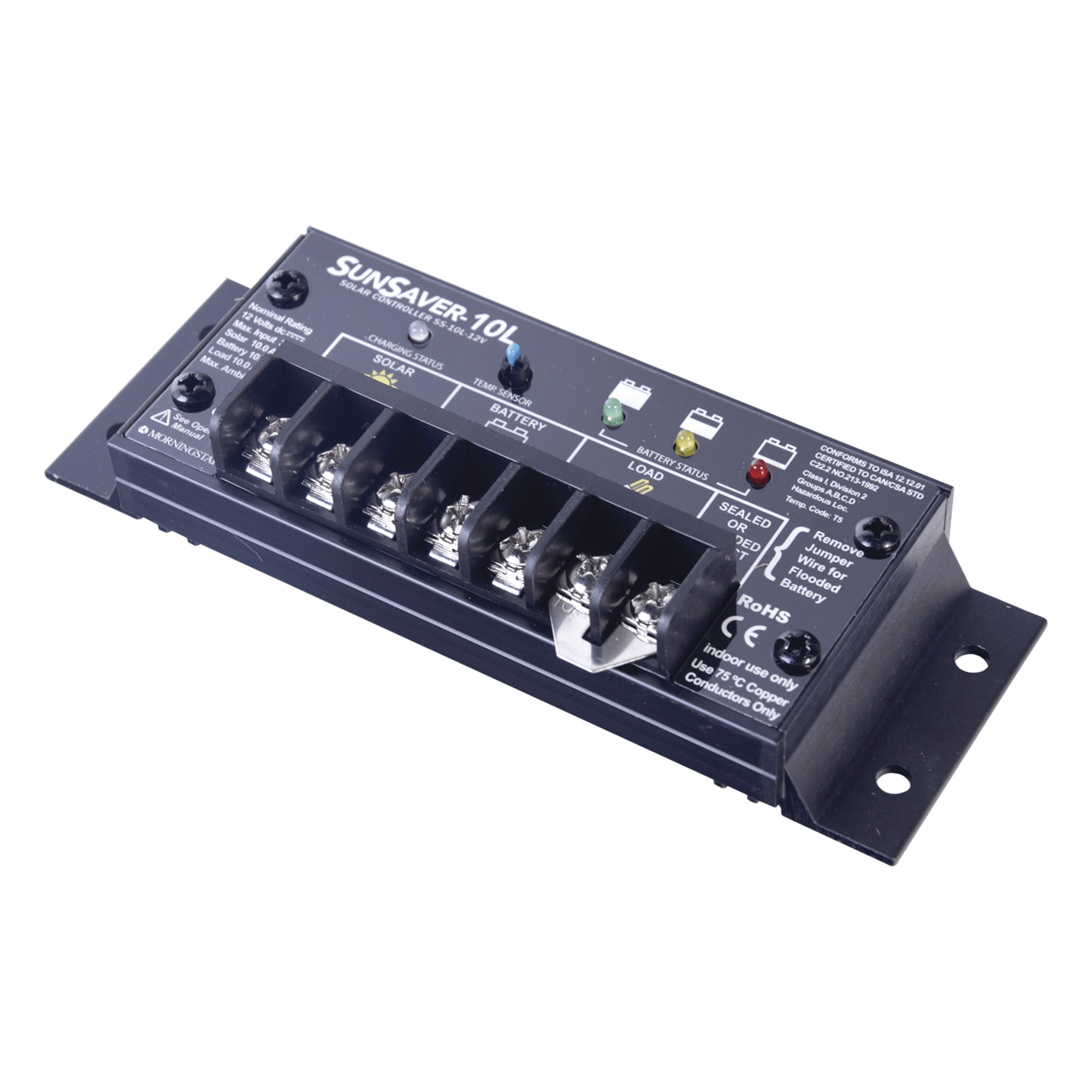 Controlador de Carga Solar SunSaver PWM 10 A / 12 VCC / Encapsulado Epóxico / Clase 1 Div 2 / Compensación de Temperatura — MORNINGSTAR · SKU SS-10L-12V