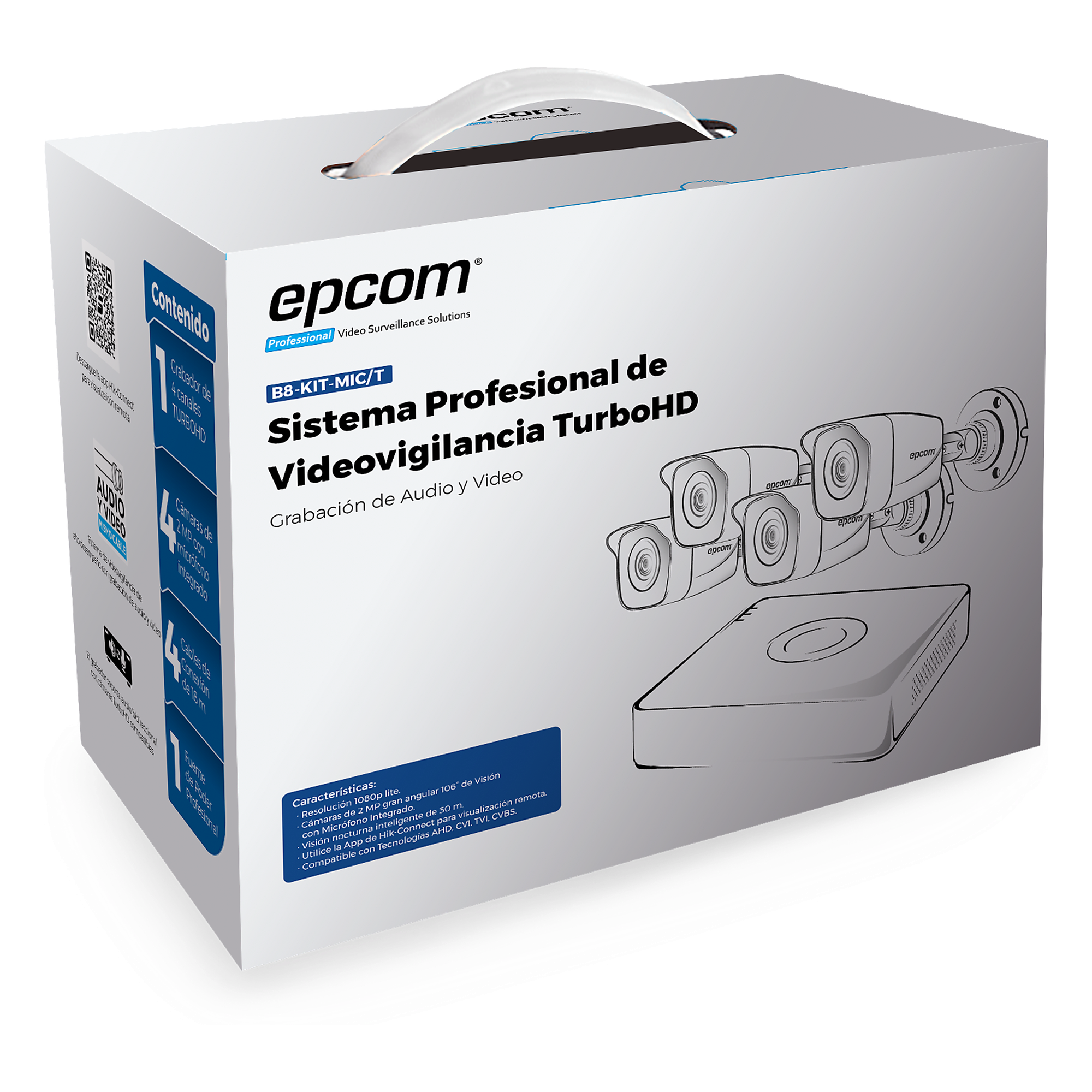 (MICRÓFONO Integrado + Detección de Movimiento 2.0) Kit TurboHD 1080p Lite / DVR 4 canales / Audio por Coaxitron / 4 Cámaras Bala de Metal con Micrófono Integrado — EPCOM PROFESSIONAL · SKU B8-KIT-MIC/T