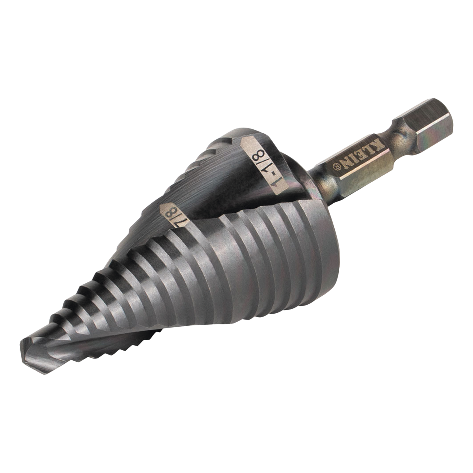 Broca Escalonada 12 en 1, de Liberación Rápida, Acanaladura en Espiral, produce Agujeros de 2-3 cm e Intermedios. 10x más Durable — KLEIN TOOLS · SKU QRST11