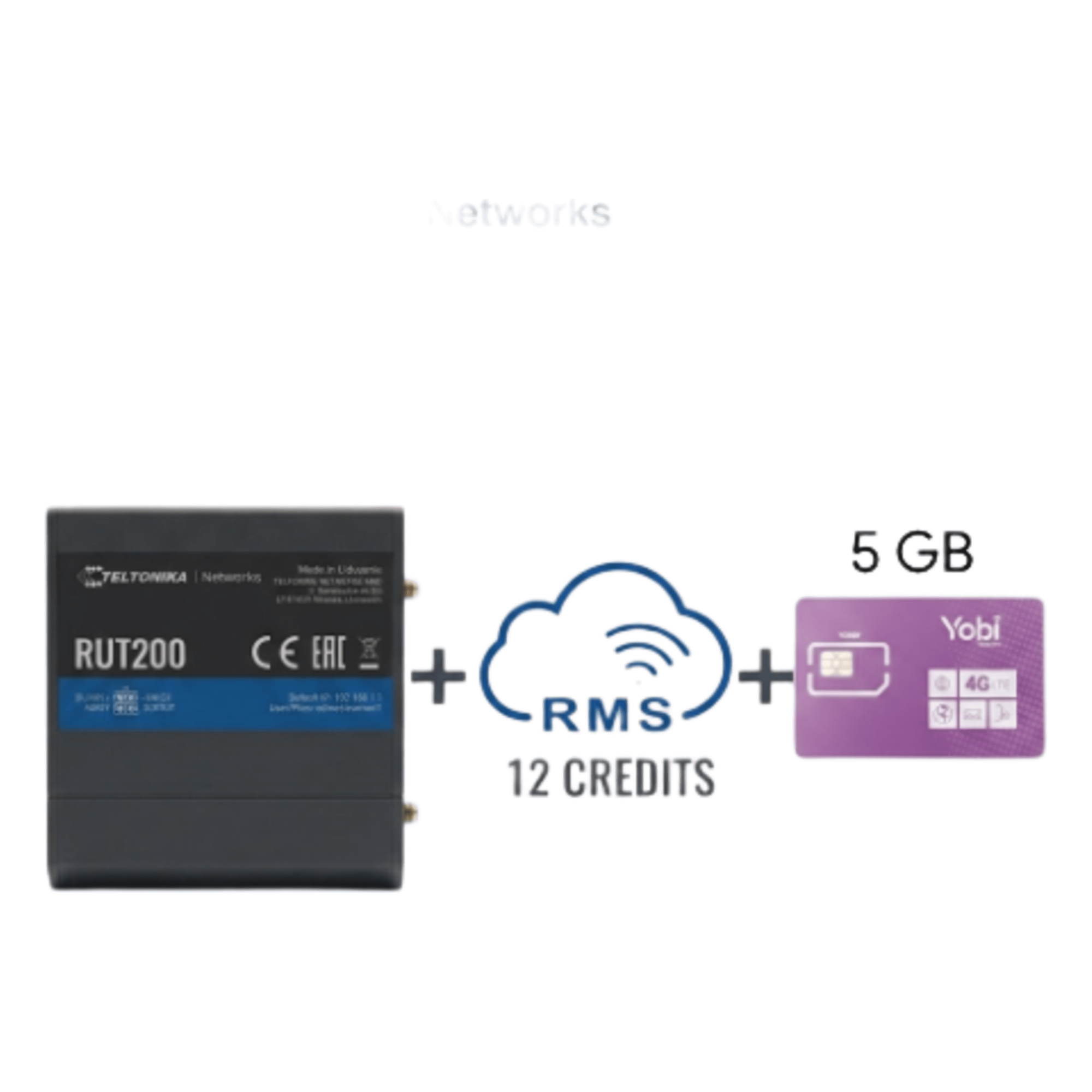 Router Teltonika LTE/4G RUT200 + 12 creditos RMS + SIM de YOBI de 5GB por Mes durante un año de servicio (solo datos) — TELTONIKA · SKU RUT200+1YRMS+5GBYOBI