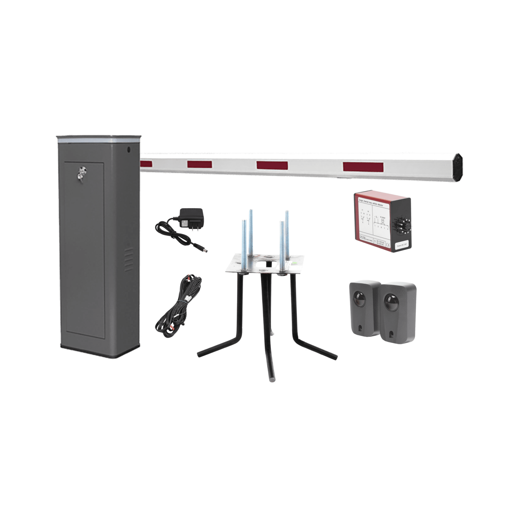 Kit COMPLETO Barrera Derecha XBF Con Corona LED / Brazo de 3M / Incluye Sensor de Masa, Transformador, Lazo Magnético, Ancla, Fotoceldas y 2 Controles Inalámbricos