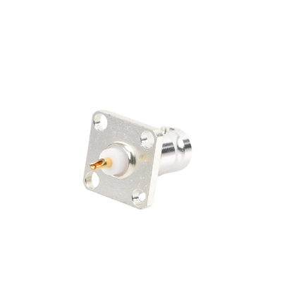 Conector BNC Hembra para Chasis, 4 Perforaciones con 12.7 mm, Plata/ Oro/ Teflón.
