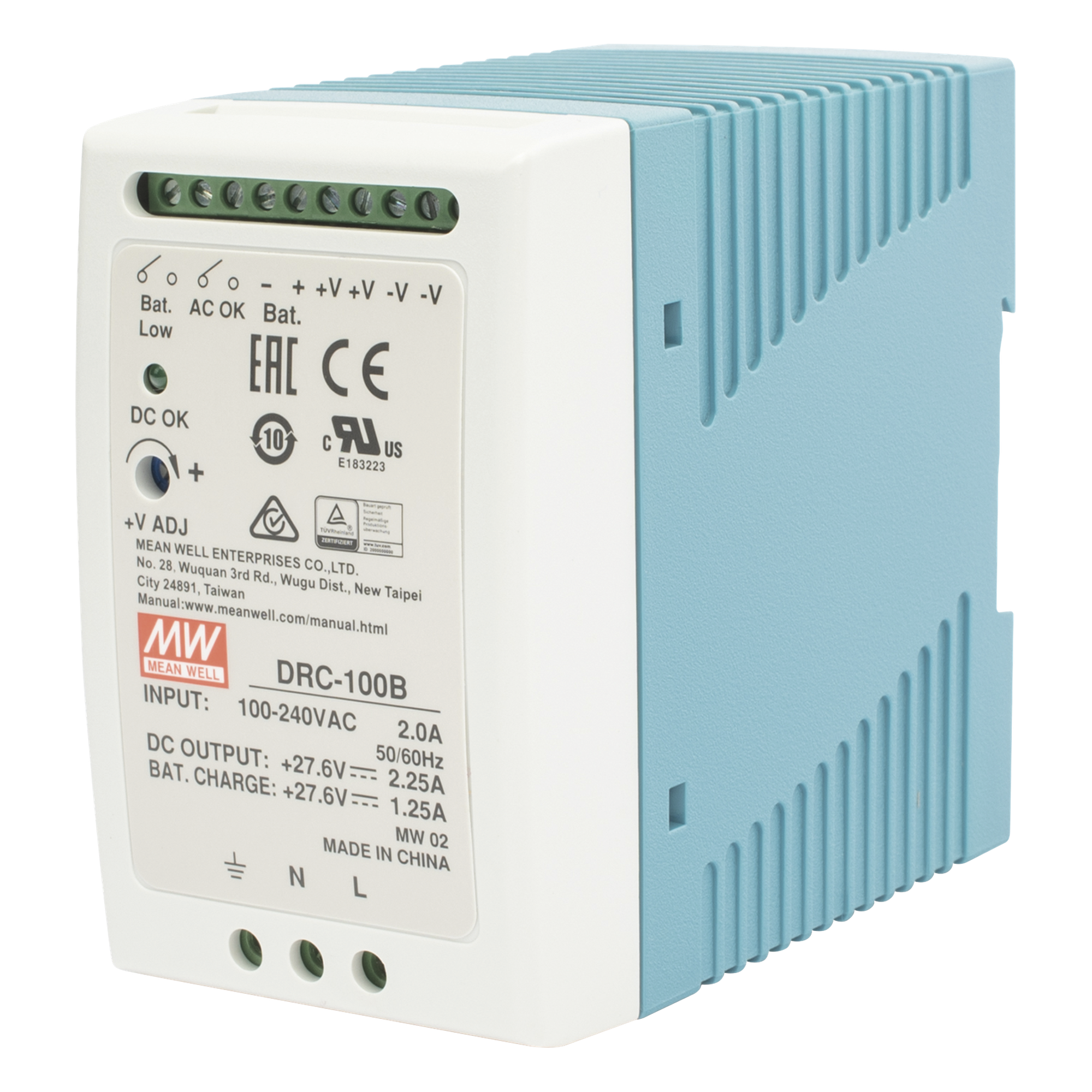 Fuente de poder Riel Din 24V, 100W con Cargador de Bateria — MEANWELL · SKU DRC-100-B