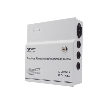 Fuente de Poder / 1 Salida 11-15 Vcc / 5 A / Temporizador Integrado / Con Capacidad de Batería de Respaldo / Requiere Batería / Aplicaciones en sistemas de control de Acceso
