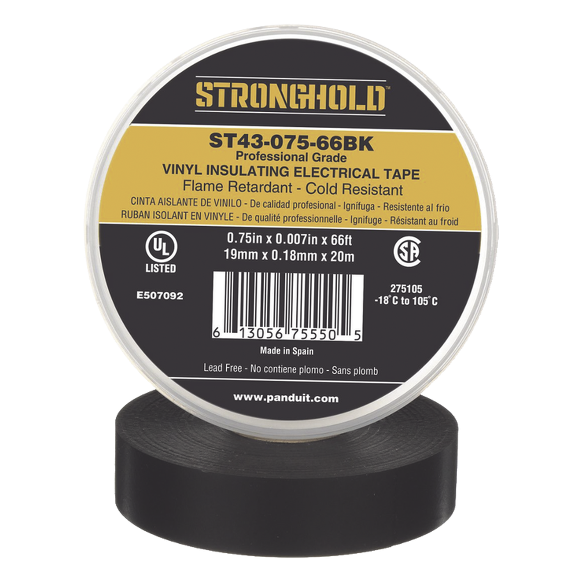 Cinta Eléctrica STRONGHOLD para Aislar, de PVC, Uso Profesional en Construcción Eléctrica, Grosor 0.18mm (7 mil), Ancho 19mm, y 20m Largo, Color Negro. — PANDUIT · SKU ST43-075-66BK