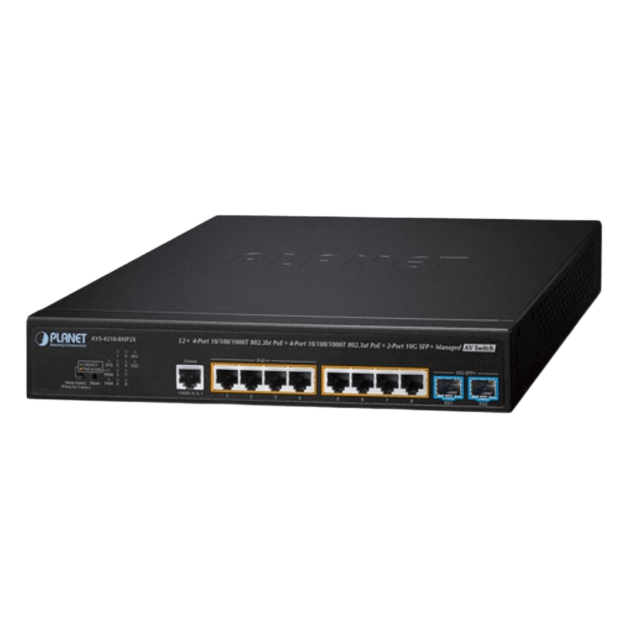 Switch AV Administrable Capa 2/ Compatible con Dante / 4 Puertos Gigabit PoE++ 802.3bt 95W + 4 Puertos Gigabit PoE+ 802.3at 32W + 2 Puertos 10G SFP+ / Presupuesto PoE 240W / Dual UI Pro AV y Standard / Compatibilidad Dante y NDI / Fanless / VLAN Routing I — PLANET · SKU AVS-4210-8HP2X