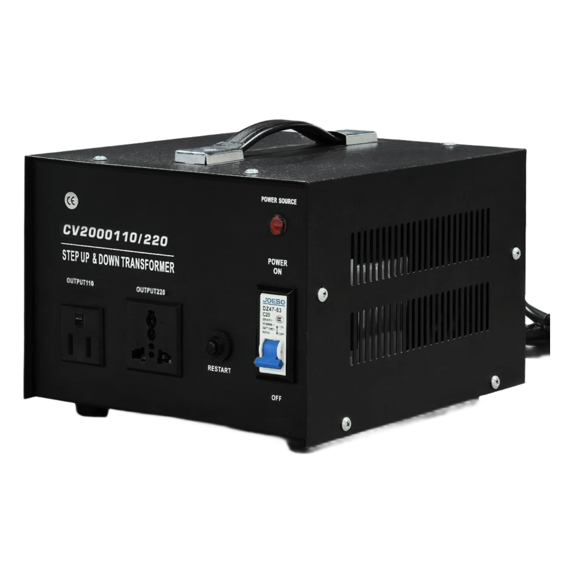 Transformador con doble función bidireccional : eleva o reduce el voltaje entre 110 Vca y 220 Vca — EPCOM POWERLINE · SKU CV-2000-110/220
