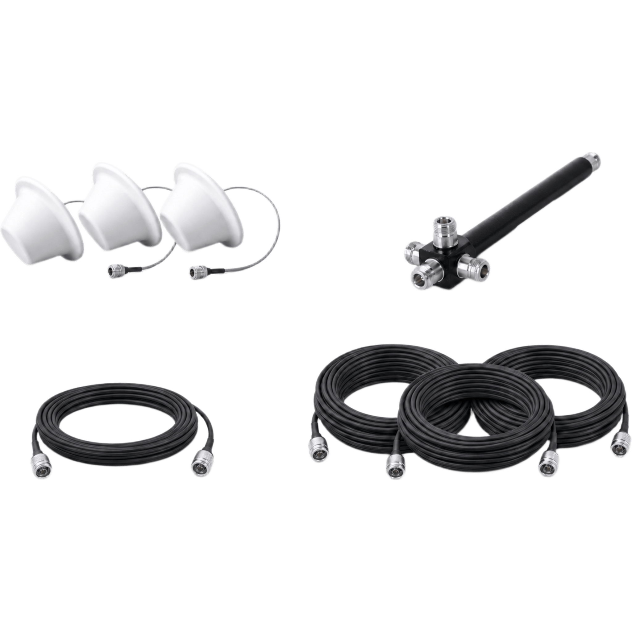 Kit de 3 Antenas Omnidireccionales tipo Domo y Divisor de Potencia de 4 salidas / Jumpers Coaxiales de 3 m y tres de 15 m con conectores N macho — EPCOM · SKU EP1DIV-3ANT-4CCN