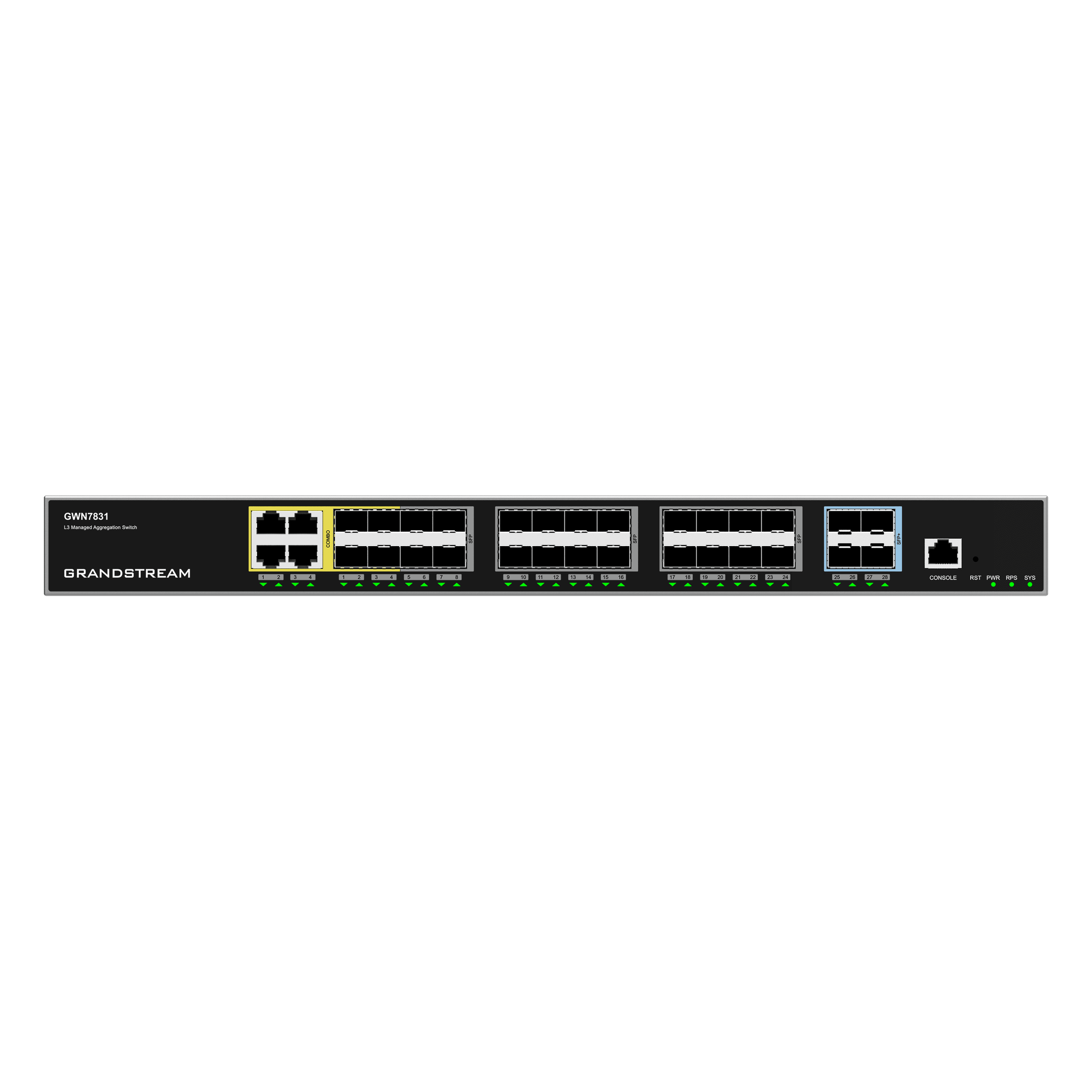 Switch de Agregación Capa 3 Administrable / GWN7830 - GWN7831 - GWN7832 / 48-120 Gbps Throughput / 4-12 Puertos 10G SFP+ / Stacking / Gestión Cloud GDMS / IPv4/IPv6 — GRANDSTREAM · SKU GWN7831