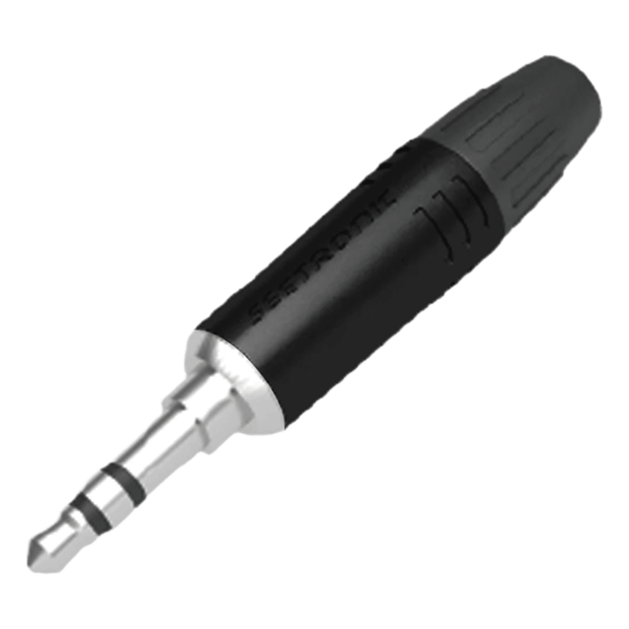 Conector delgado estereo de 3.5 mm, carcasa cromada negra, contacto niquelado, cable OD 2-4,5 mm — SEETRONIC · SKU M2TP3C-B