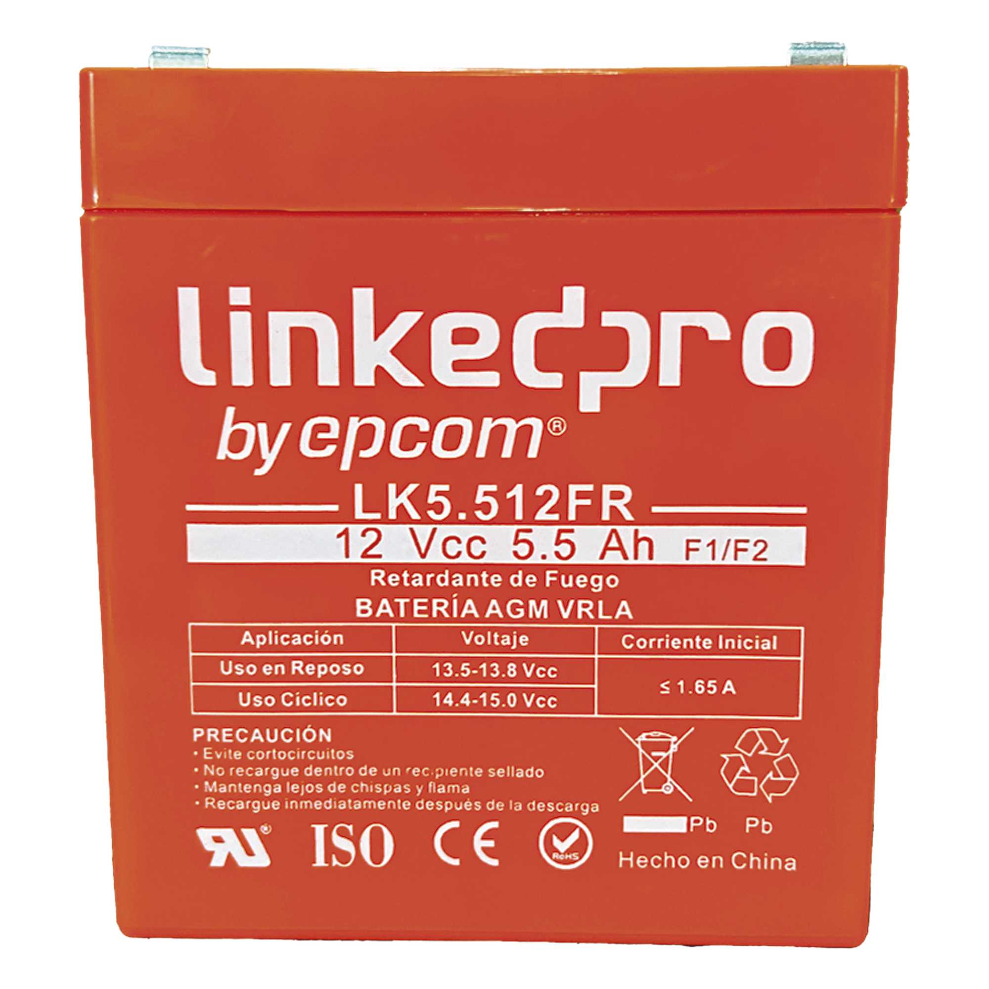 Batería de respaldo 12 V | 5.5 Ah | AGM | Certificada UL94-V0 Retardante a la Flama | Especial para Seguridad Electrónica | UPS | Sistemas de Emergencia | Vida útil 5 años | Terminales F1 + Adaptador F2 — LINKEDPRO BY EPCOM · SKU LK5.512FR