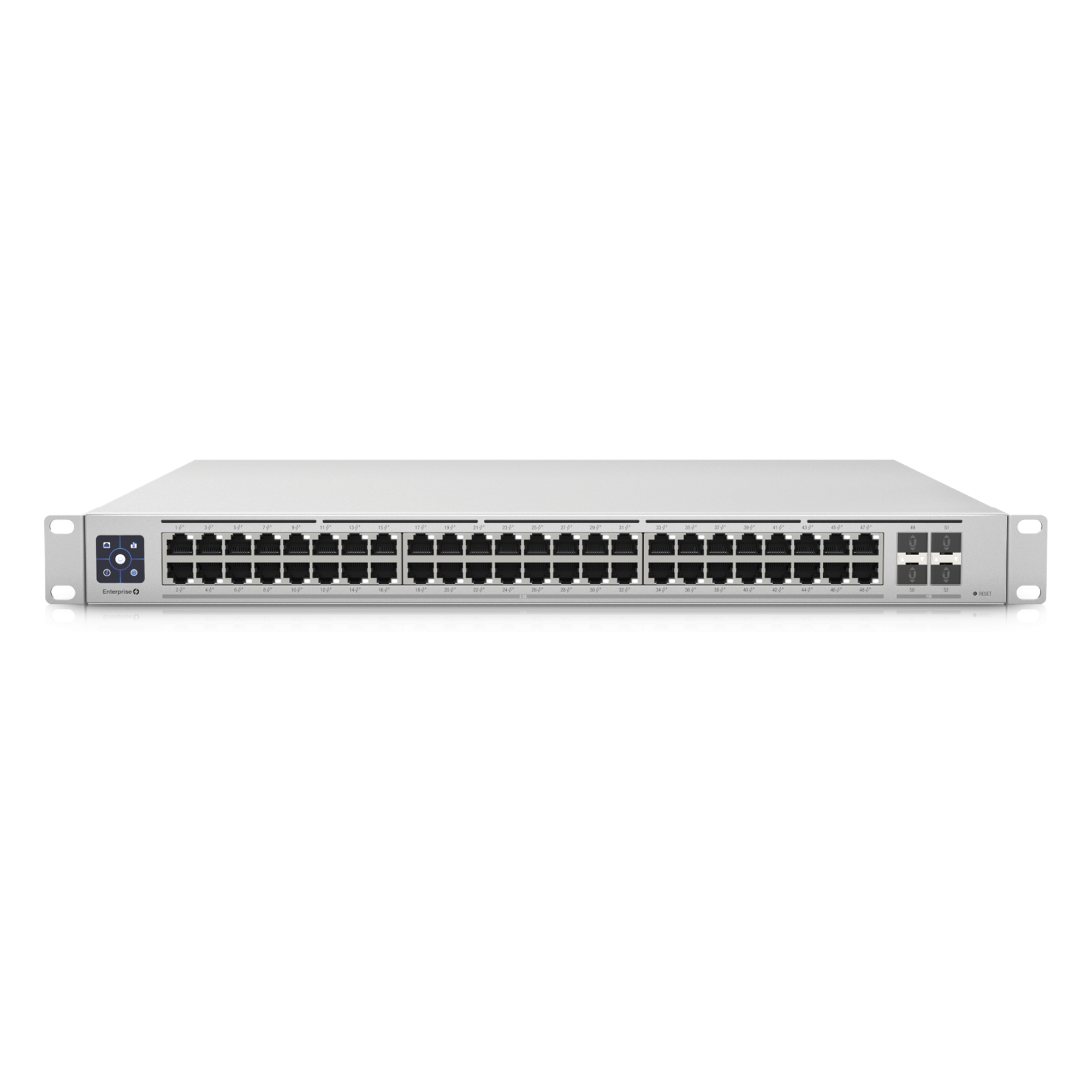 Switch PoE Administrable Capa 3 / 48 Puertos 2.5GbE RJ45 PoE+ / 4 Puertos 10G SFP+ / 720W PoE Total / Pantalla Táctil 1.3" / 320 Gbps — UBIQUITI · SKU USW-ENTERPRISE-48-POE