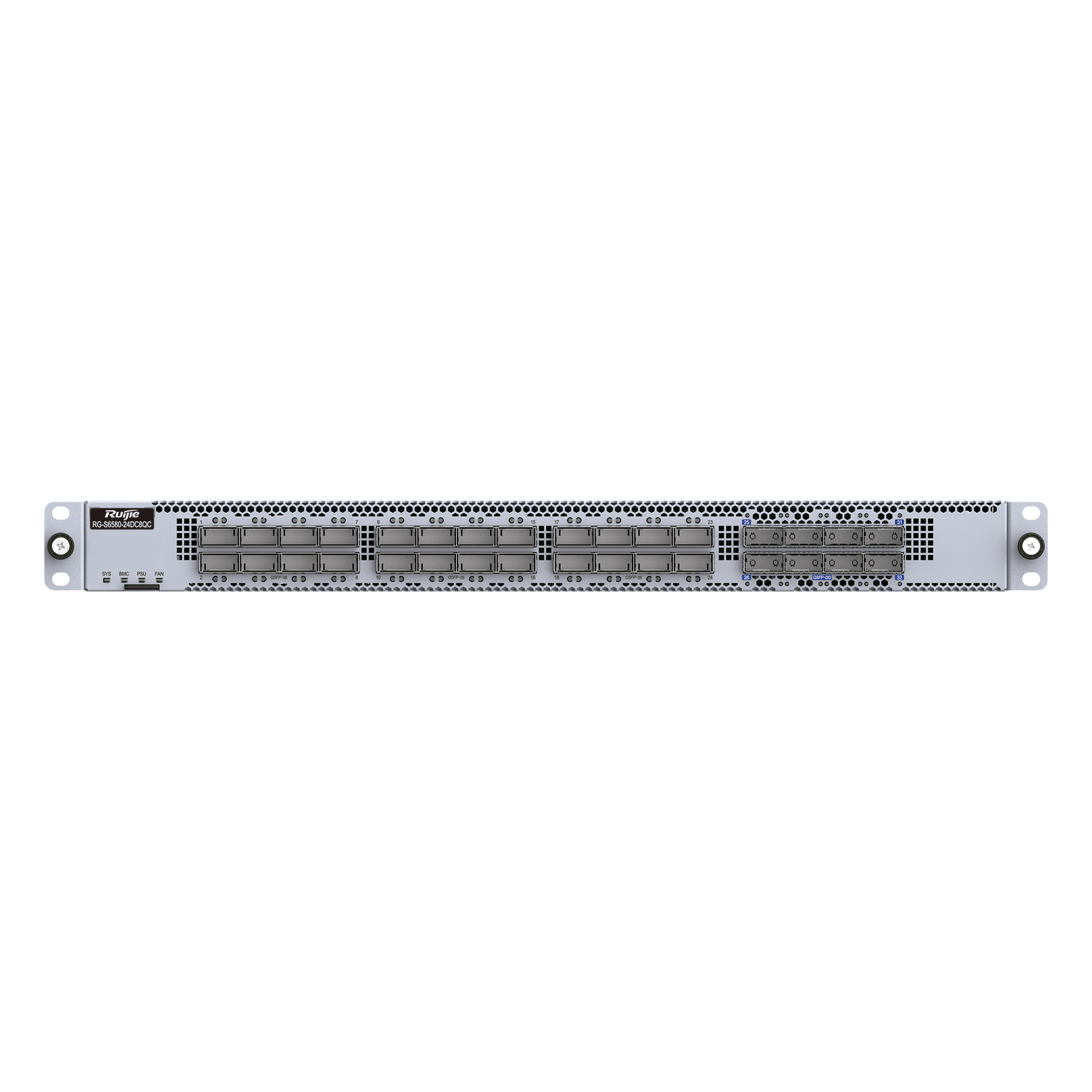 Switch Data Center 200GE / 24 Puertos QSFP56 200G + 8 QSFP-DD 400G / 16.0 Tbps 5350 Mpps / RDMA RoCEv2 PFC ECN Lossless Ethernet / Capa 3 Spine-Leaf VXLAN EVPN / BGP OSPF MLAG / 1 RU Fuentes 1+1 Hot-Swap — RUIJIE · SKU RG-S6580-24DC8QC