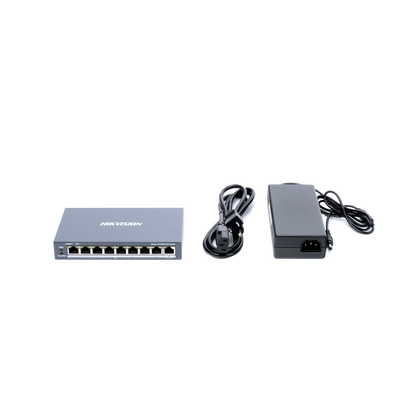 Switch PoE+ / Monitoreable / 8 Puertos 10/100 Mbps PoE+ / 1 Puerto 1000 Mbps de Uplink / Configuración Nube Hik-PartnerPro / Modo Extendido hasta 300 Metros / 110 W