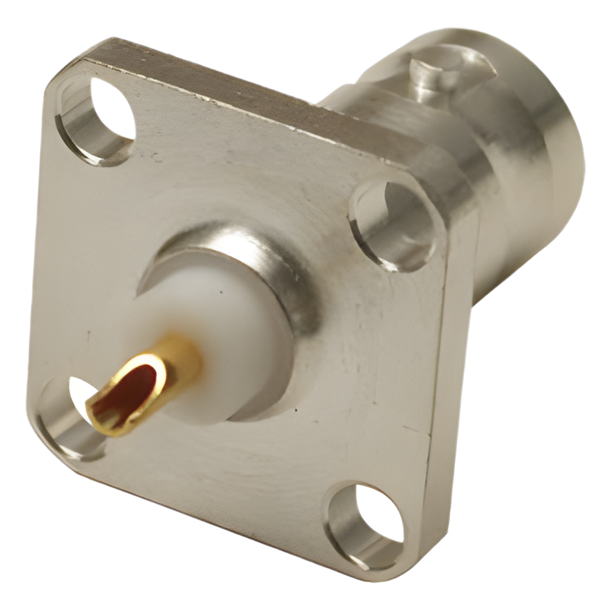 Conector BNC Hembra para Chasis, 4 Perforaciones con 12.7 mm, Plata/ Oro/ Teflón. — RF INDUSTRIES,LTD · SKU RFB-1115-S