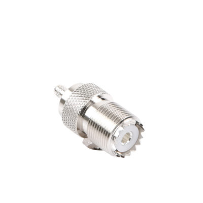 Conector UHF Hembra (SO-239) en Línea, de Anillo Plegable para Cable RG-58/U, RG-142/U, Níquel/ Plata/ Delrin.