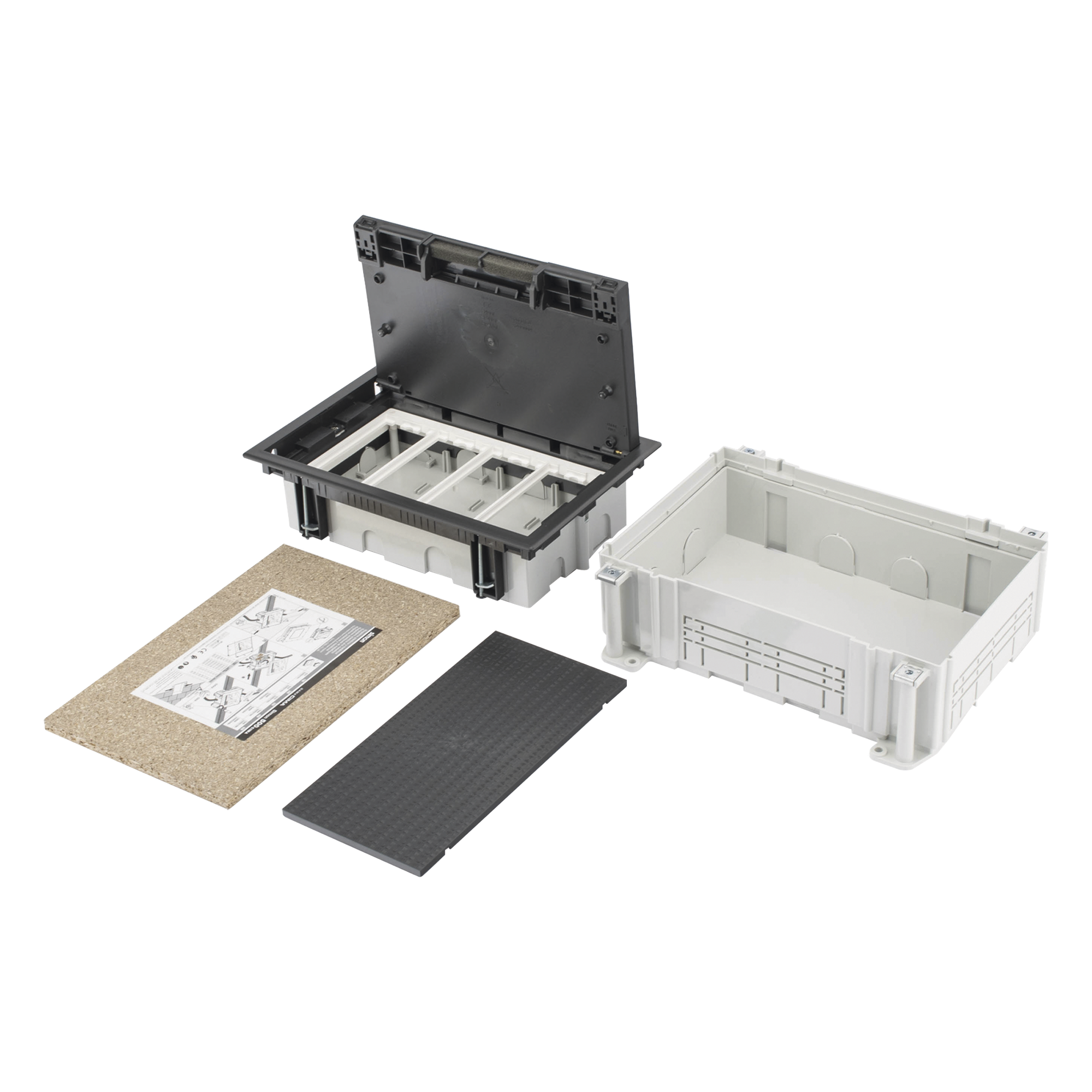 Caja Para Instalación en Pavimento para Voz, Datos o Contactos Eléctricos / Capacidad para 4 Módulos / Espacio Embellecedor en la Tapa / Profundidad Ajustable de 70 a 100 mm (2.76 a 3.94 pulgadas) / Los Módulos se Adquieren Aparte / Incluye Registro — SIMON · SKU SM-CPAV-4